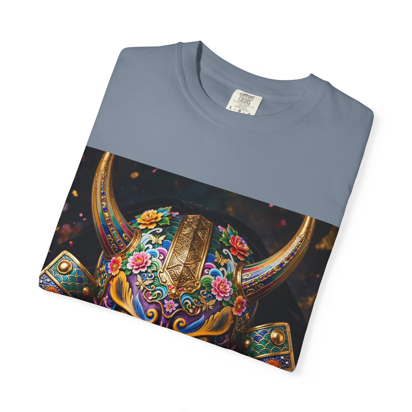 Samurai Oni Mask T‑Shirt — Vibrant Floral Demon Helmet Graphic