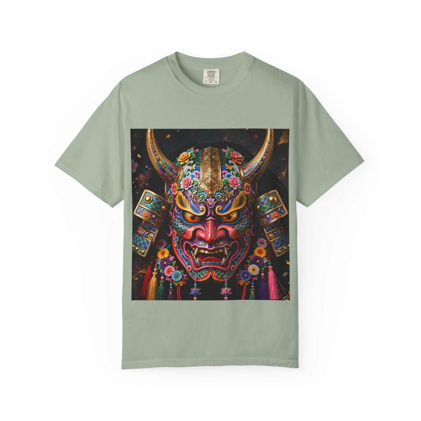 Samurai Oni Mask T‑Shirt — Vibrant Floral Demon Helmet Graphic