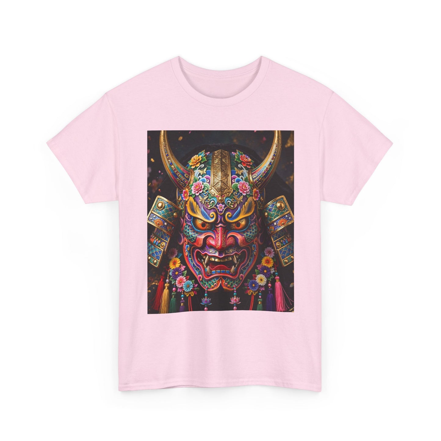 Samurai Mask Graphic Tee - Colorful Oni Kabuki Face Art T-Shirt