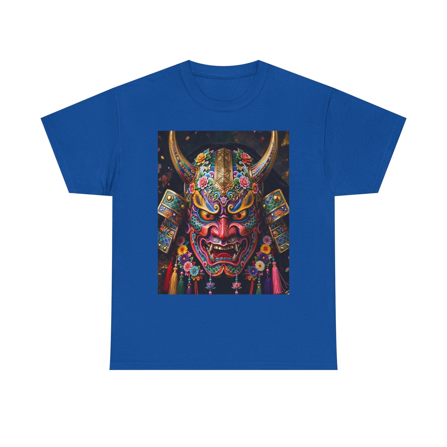 Samurai Mask Graphic Tee - Colorful Oni Kabuki Face Art T-Shirt