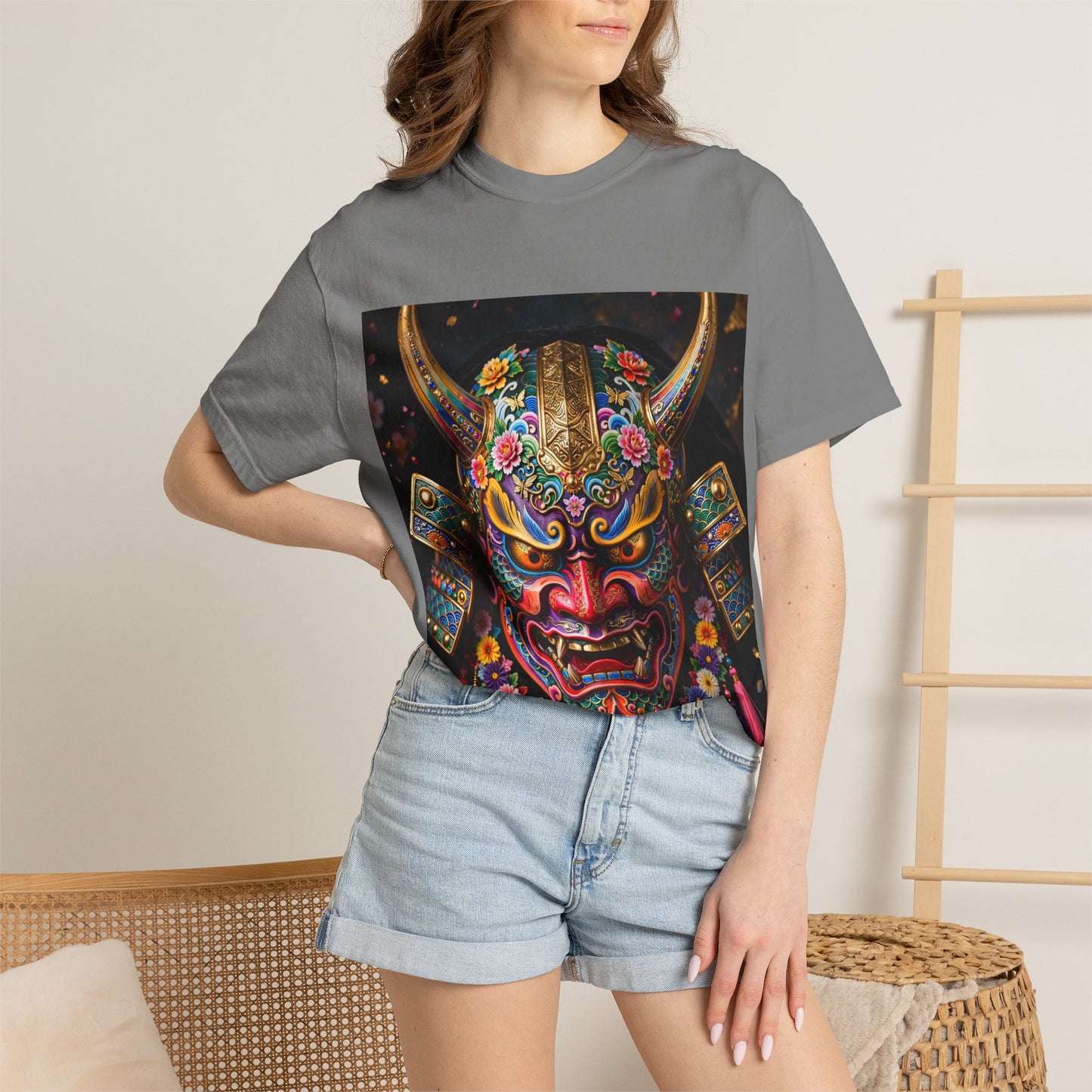 Samurai Oni Mask T‑Shirt — Vibrant Floral Demon Helmet Graphic