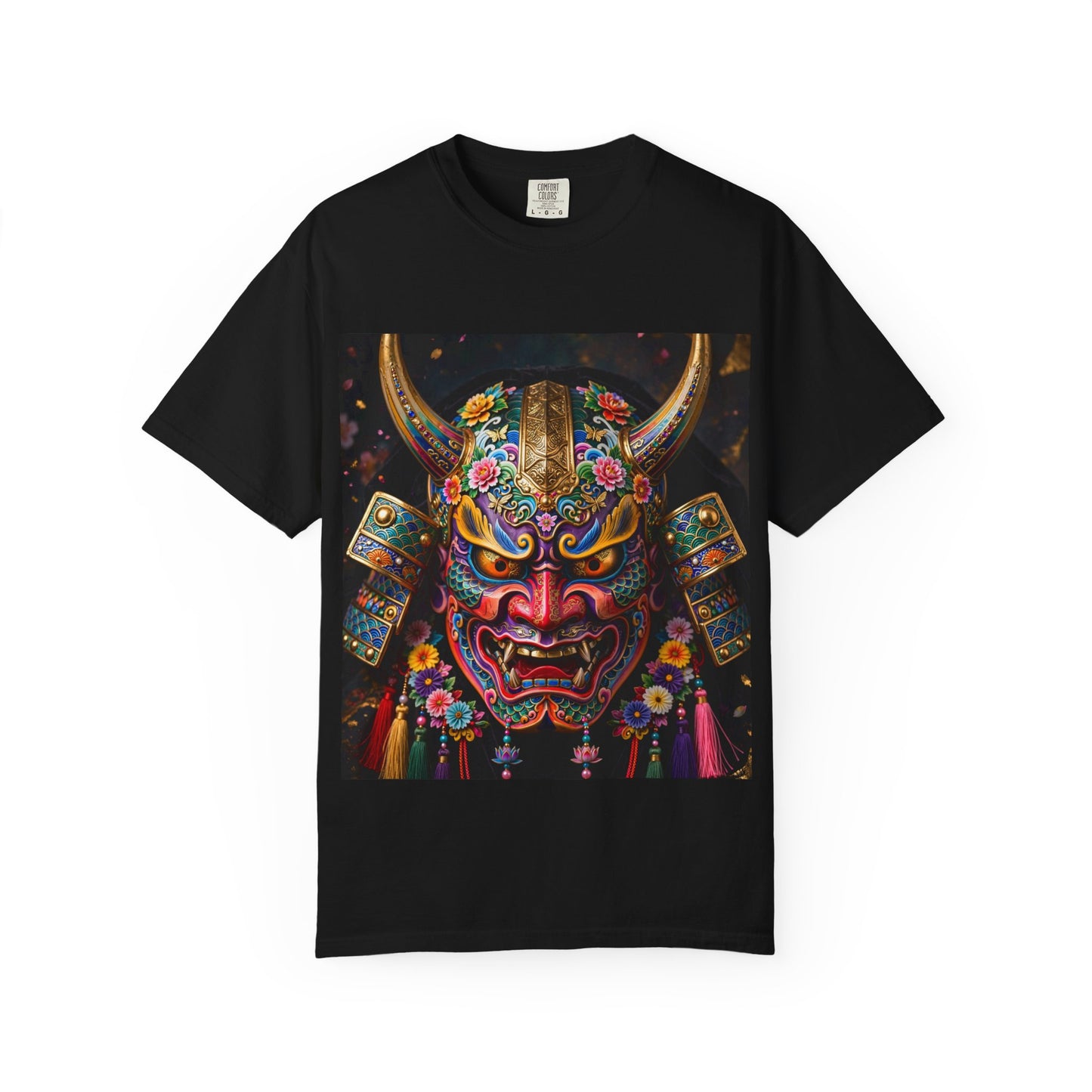 Samurai Oni Mask T‑Shirt — Vibrant Floral Demon Helmet Graphic