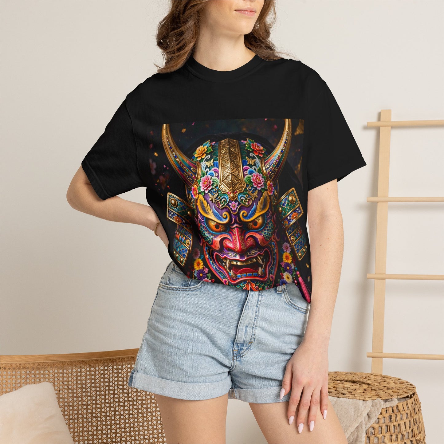 Samurai Oni Mask T‑Shirt — Vibrant Floral Demon Helmet Graphic