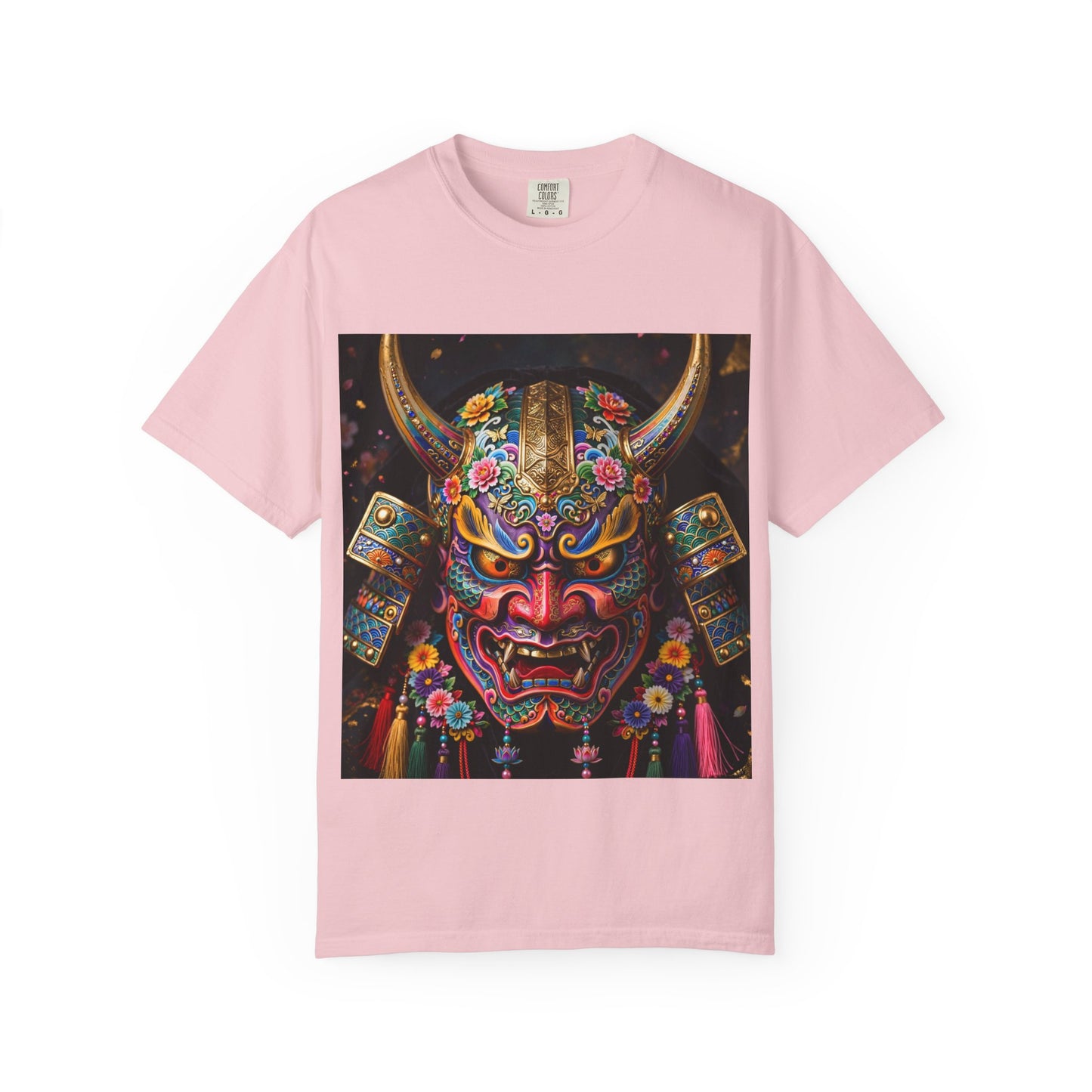 Samurai Oni Mask T‑Shirt — Vibrant Floral Demon Helmet Graphic