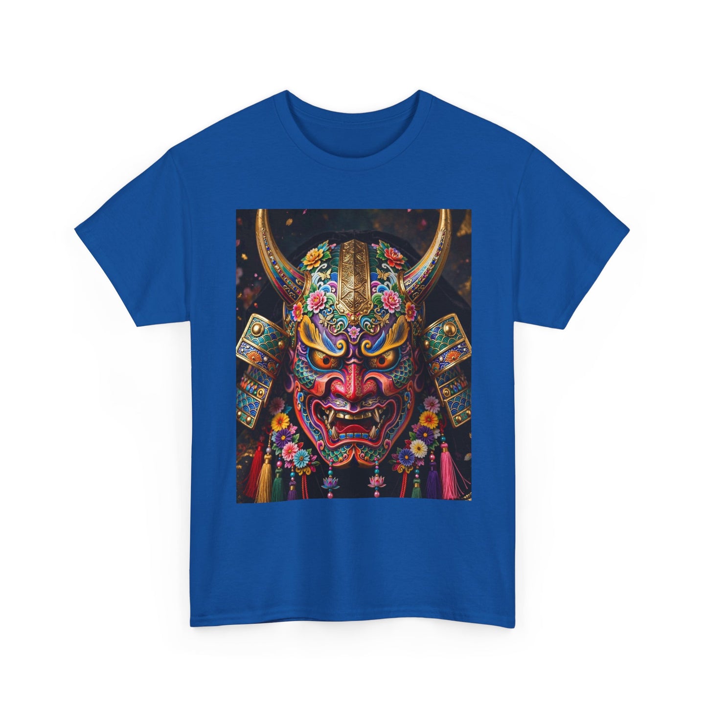 Samurai Mask Graphic Tee - Colorful Oni Kabuki Face Art T-Shirt