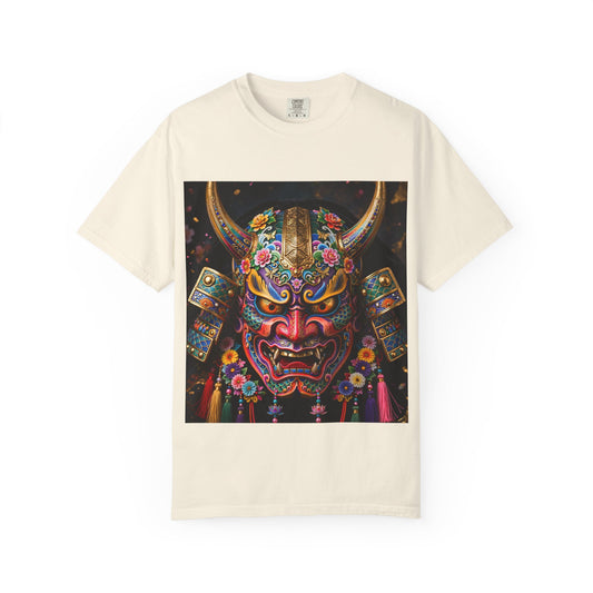 Samurai Oni Mask T‑Shirt — Vibrant Floral Demon Helmet Graphic