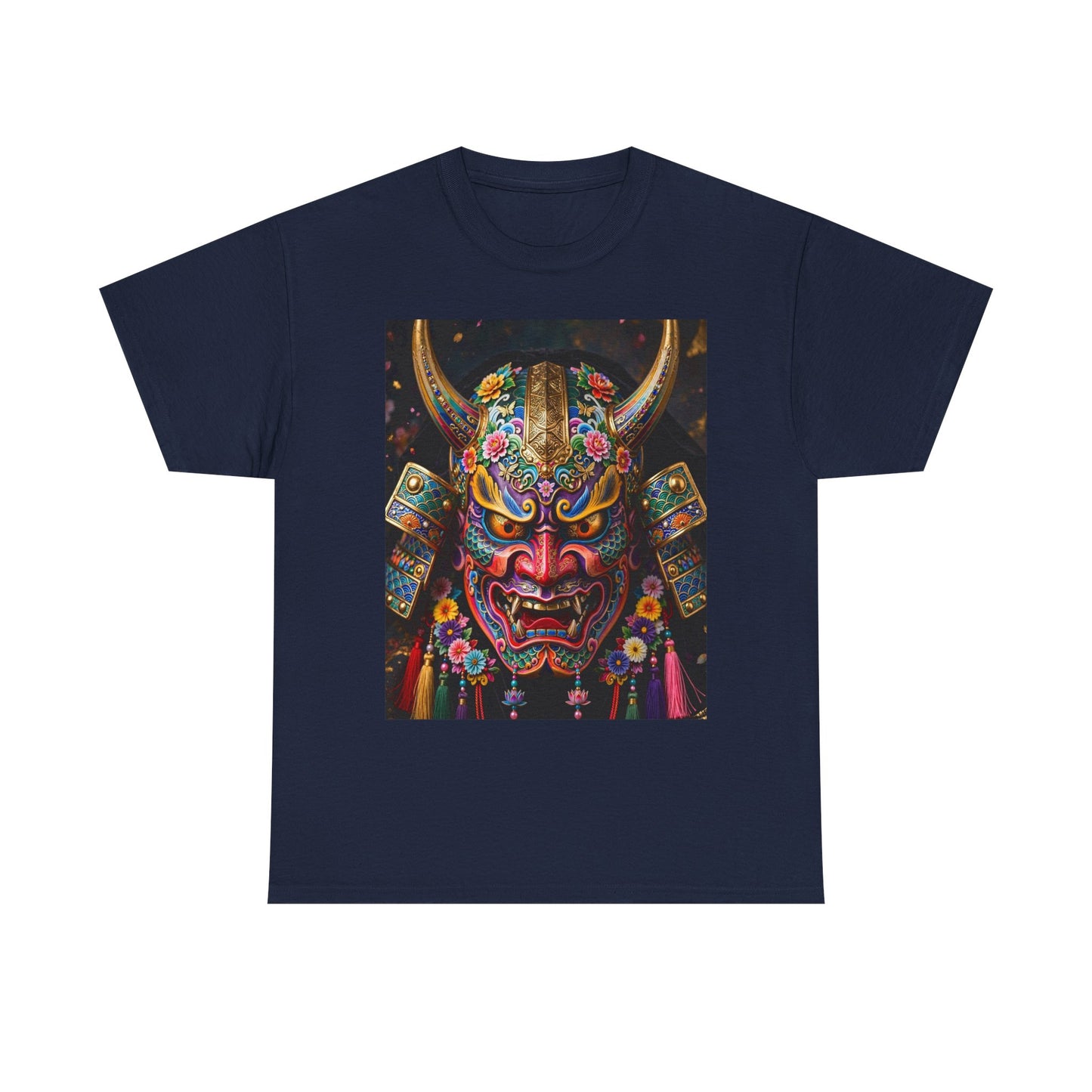 Samurai Mask Graphic Tee - Colorful Oni Kabuki Face Art T-Shirt