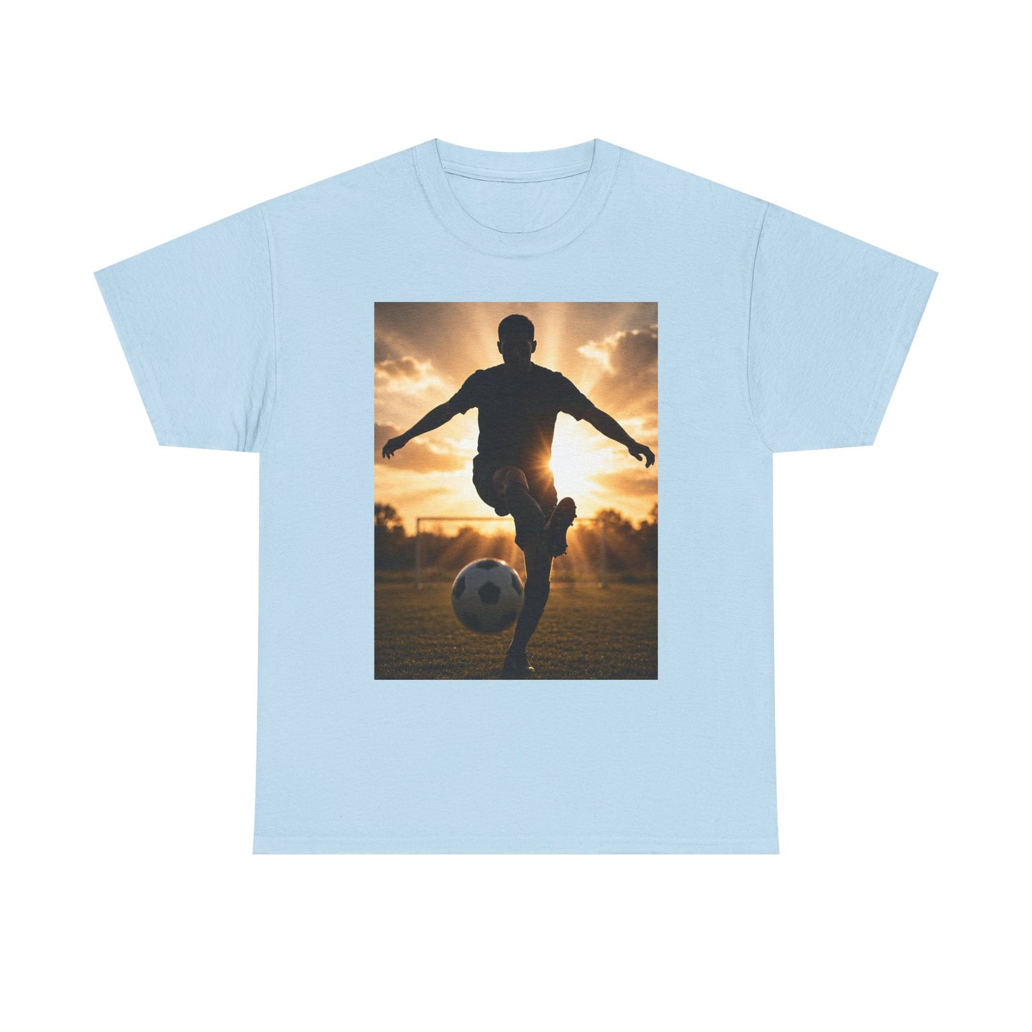 Soccer Silhouette Tee — Sunset Football Player Graphic T-Shirt