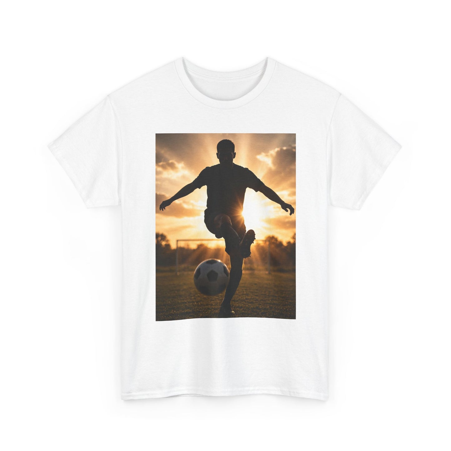 Soccer Silhouette Tee — Sunset Football Player Graphic T-Shirt