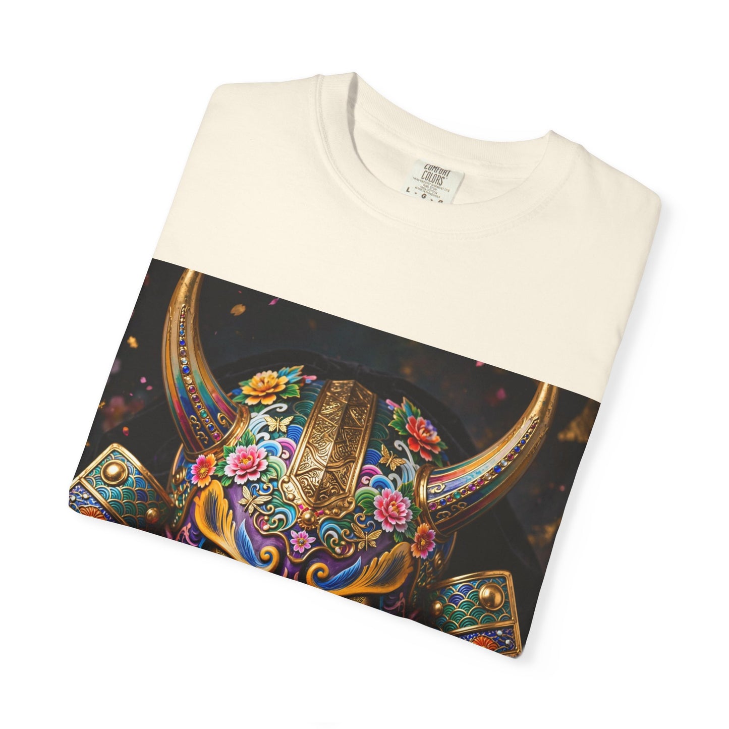 Samurai Oni Mask T‑Shirt — Vibrant Floral Demon Helmet Graphic