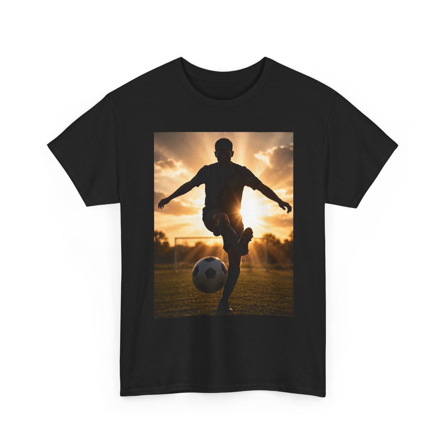 Soccer Silhouette Tee — Sunset Football Player Graphic T-Shirt