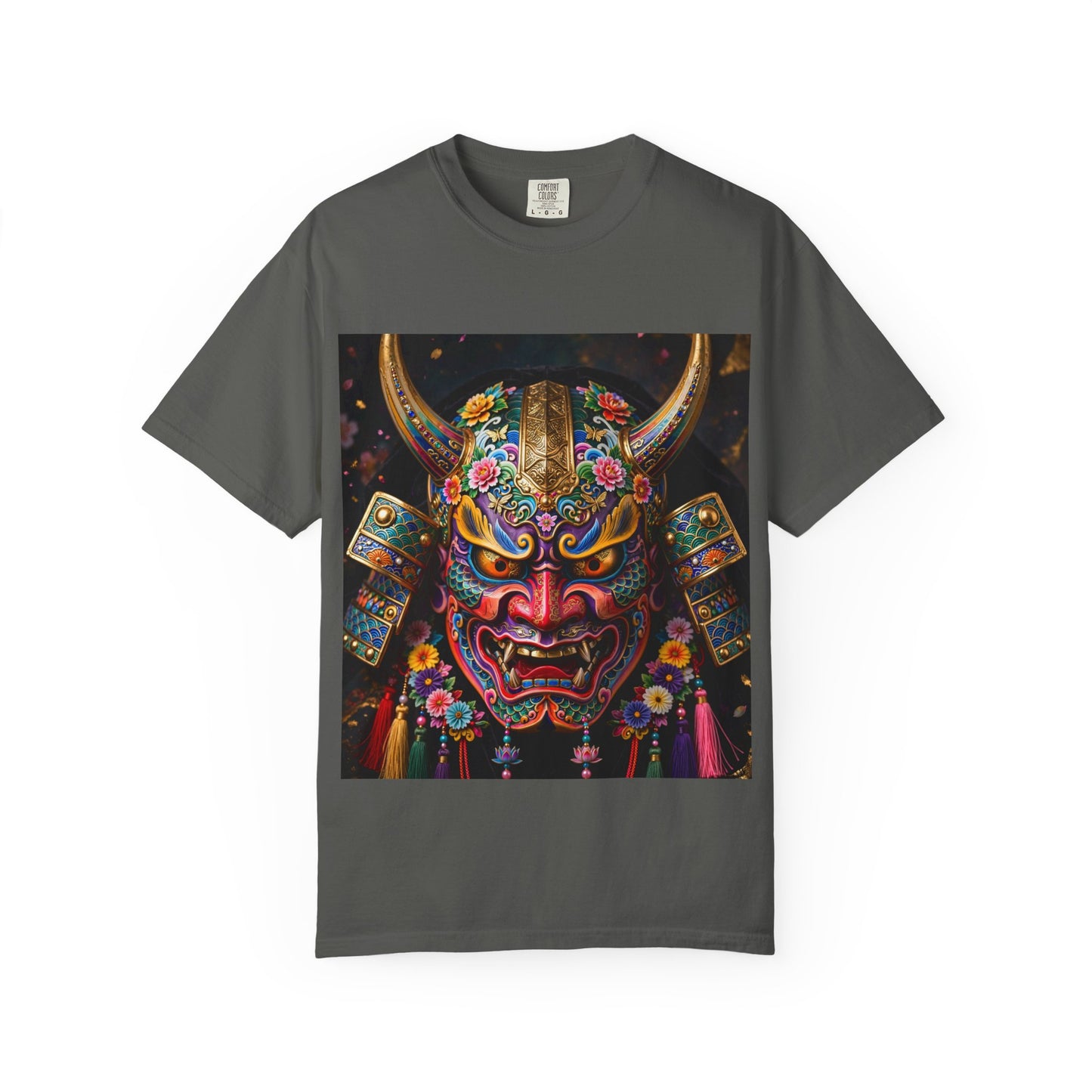 Samurai Oni Mask T‑Shirt — Vibrant Floral Demon Helmet Graphic