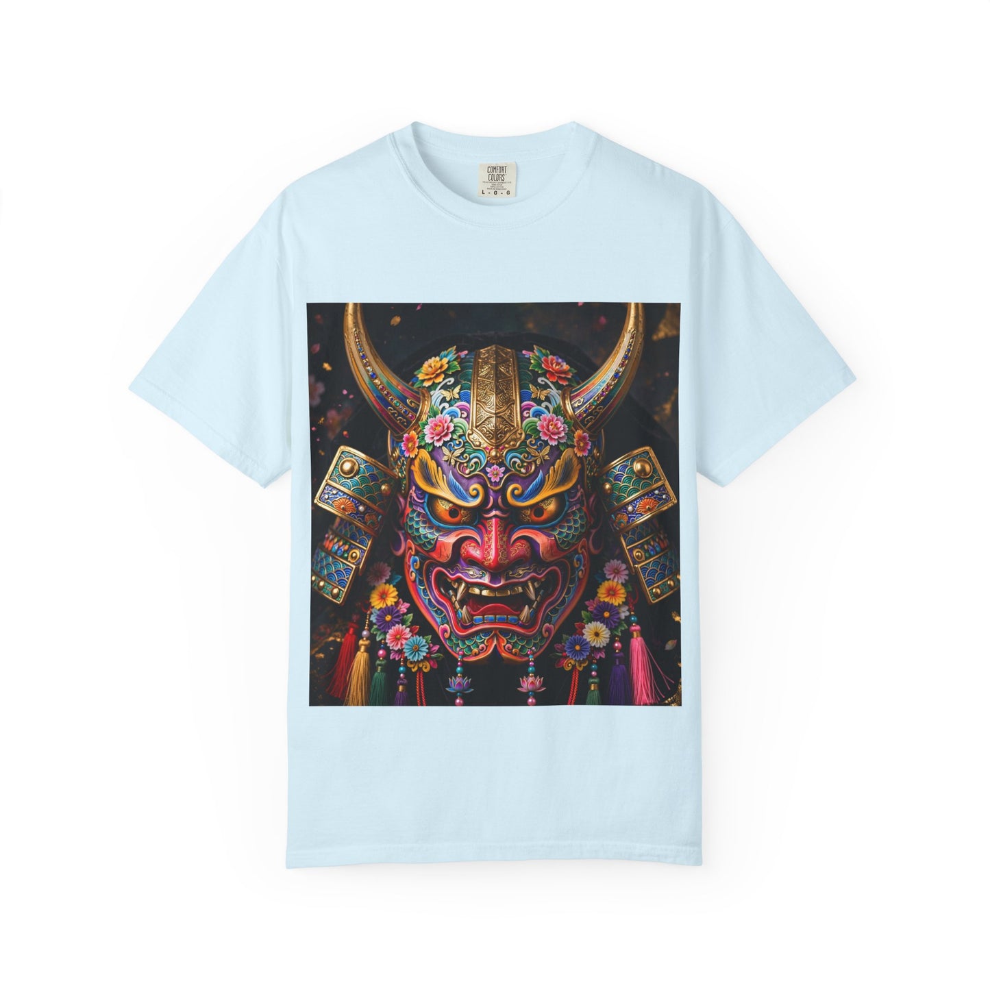 Samurai Oni Mask T‑Shirt — Vibrant Floral Demon Helmet Graphic