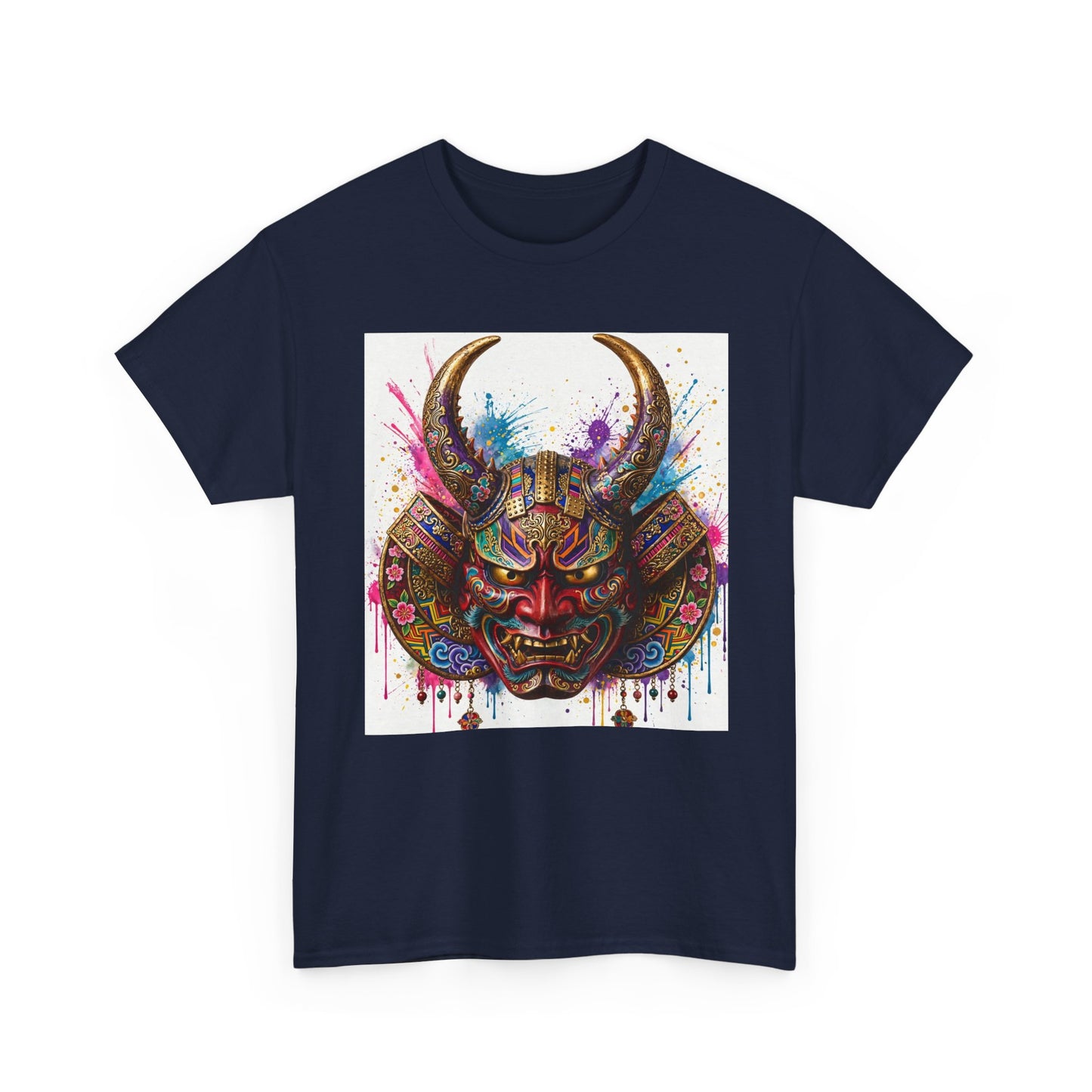 Samurai Mask Graphic Tee — Colorful Oni Helmet T-shirt
