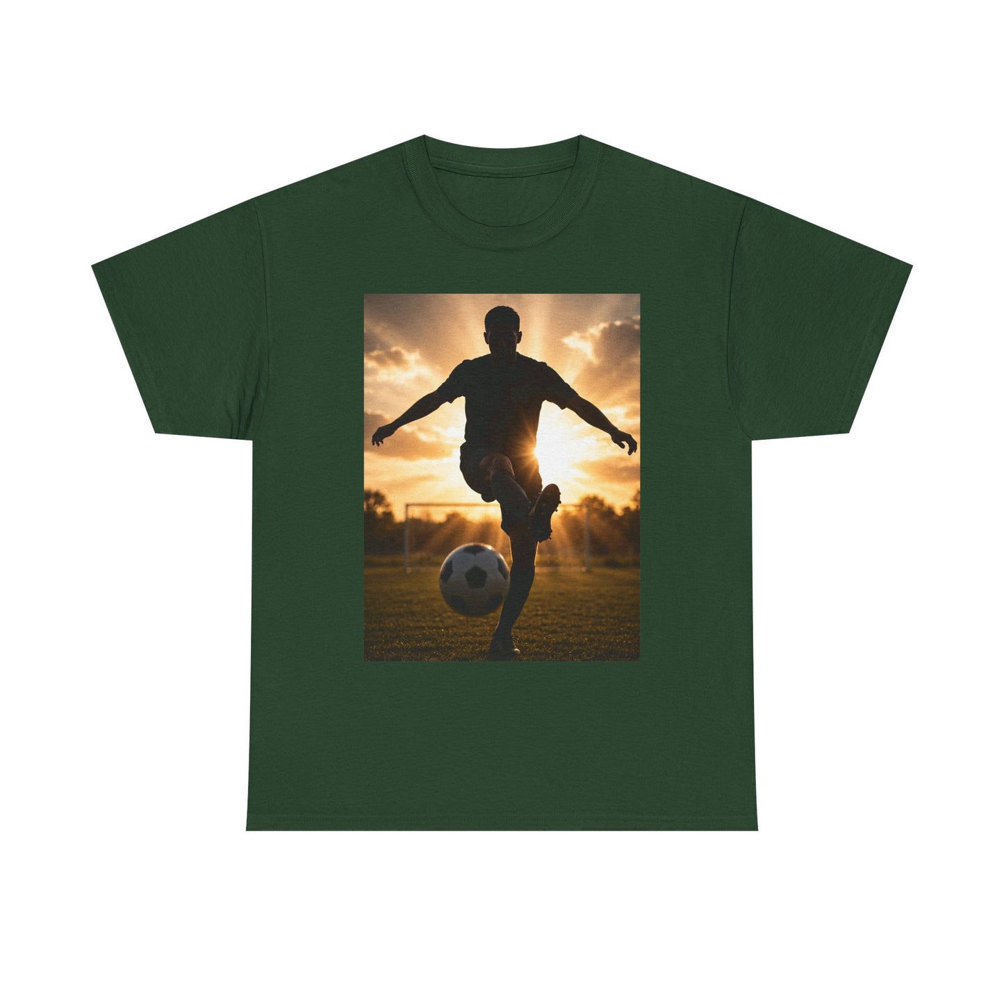 Soccer Silhouette Tee — Sunset Football Player Graphic T-Shirt