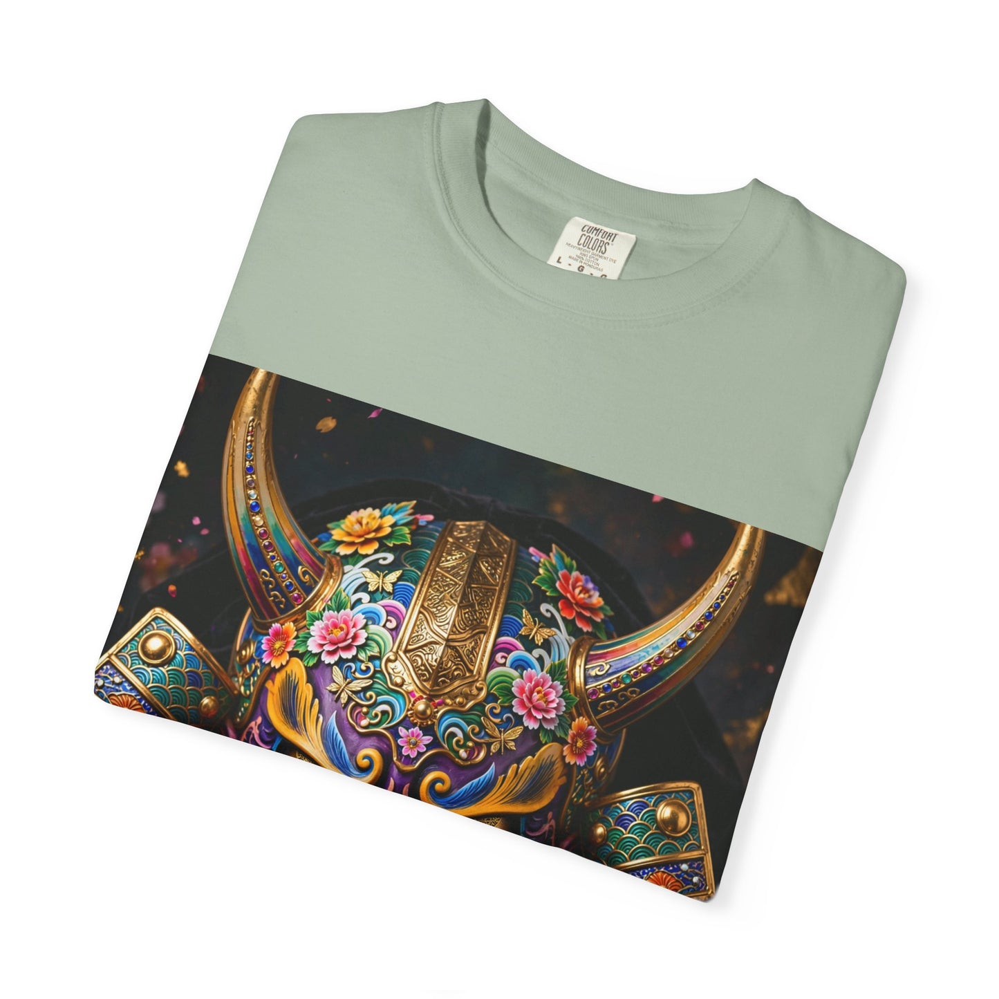 Samurai Oni Mask T‑Shirt — Vibrant Floral Demon Helmet Graphic