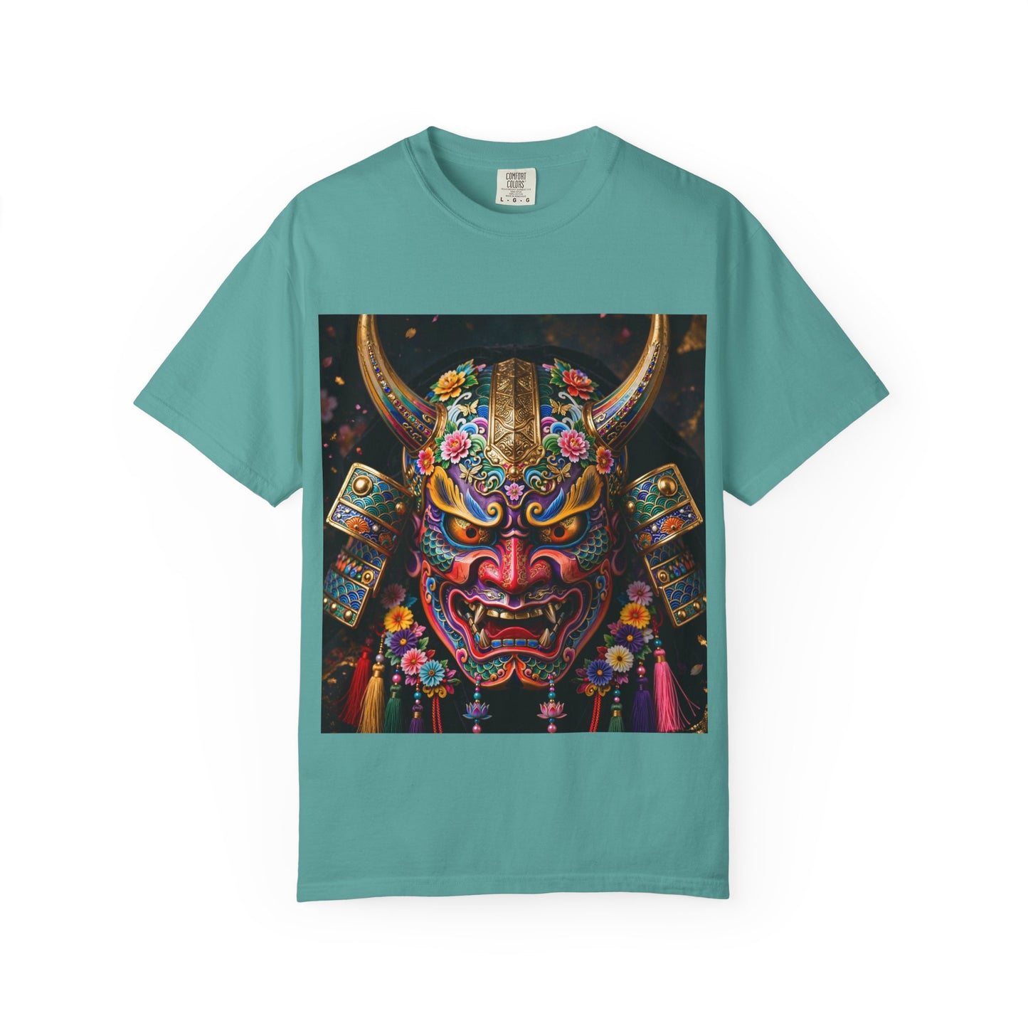 Samurai Oni Mask T‑Shirt — Vibrant Floral Demon Helmet Graphic