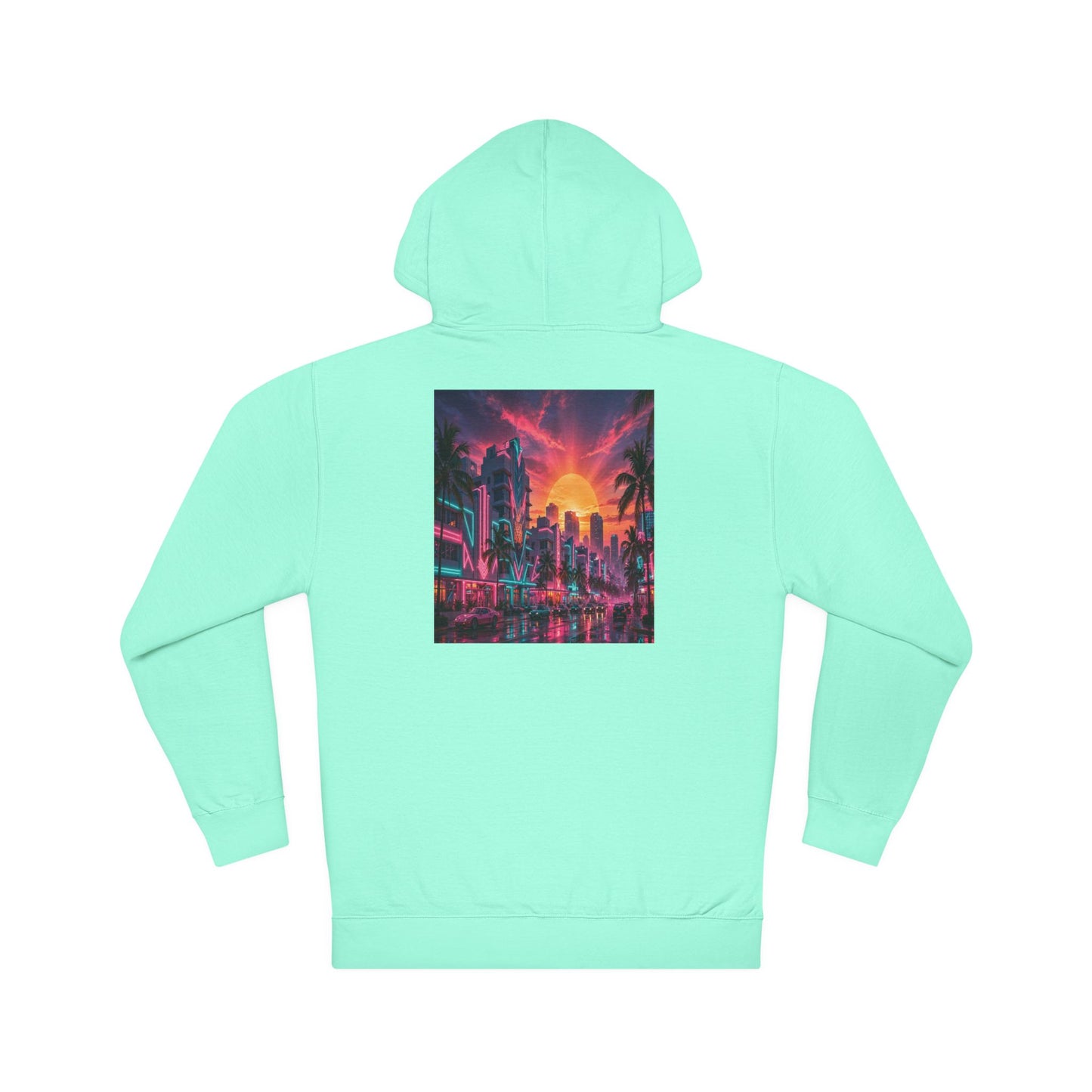 Retro Neon Sunset Hoodie — Vaporwave Cityscape Back Print