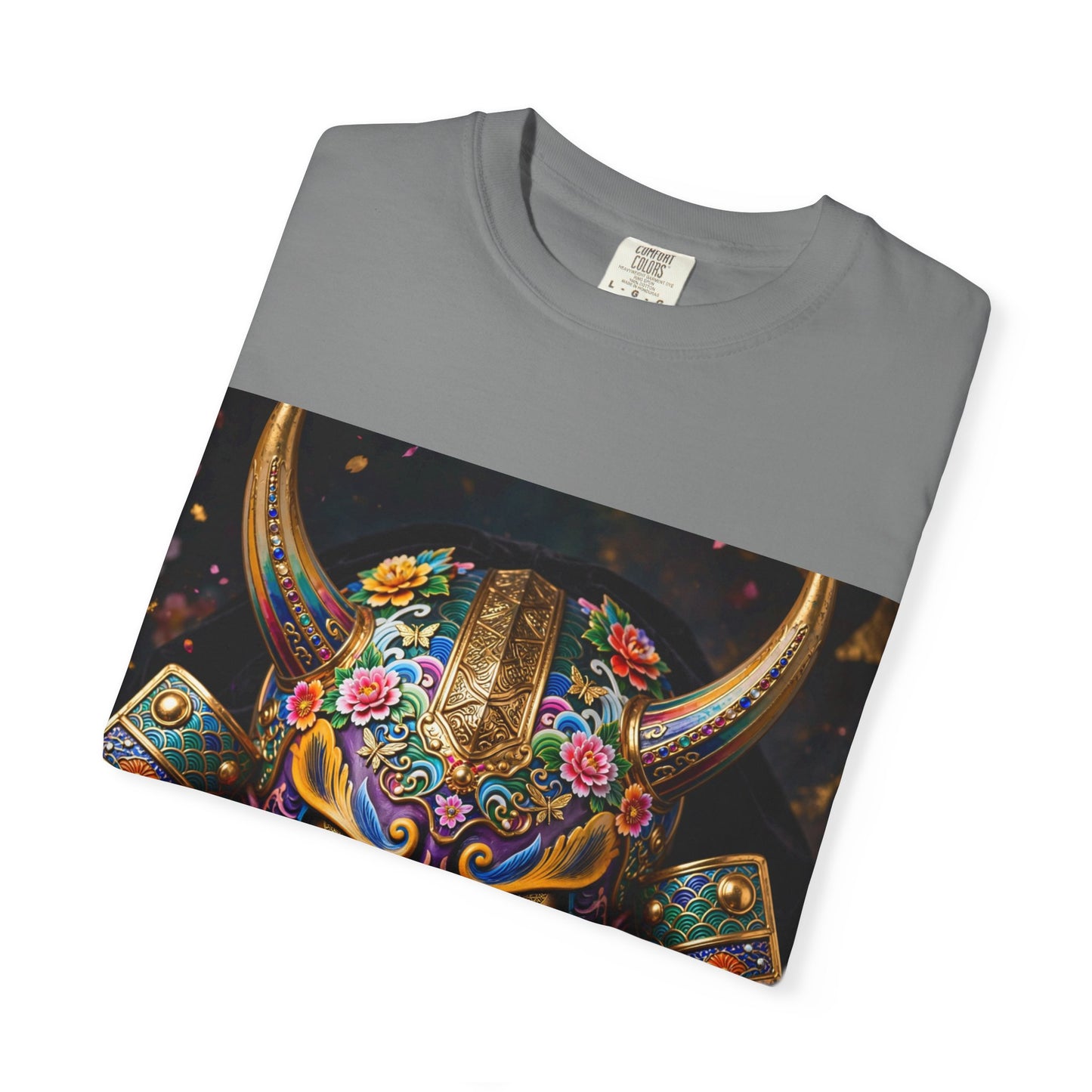 Samurai Oni Mask T‑Shirt — Vibrant Floral Demon Helmet Graphic