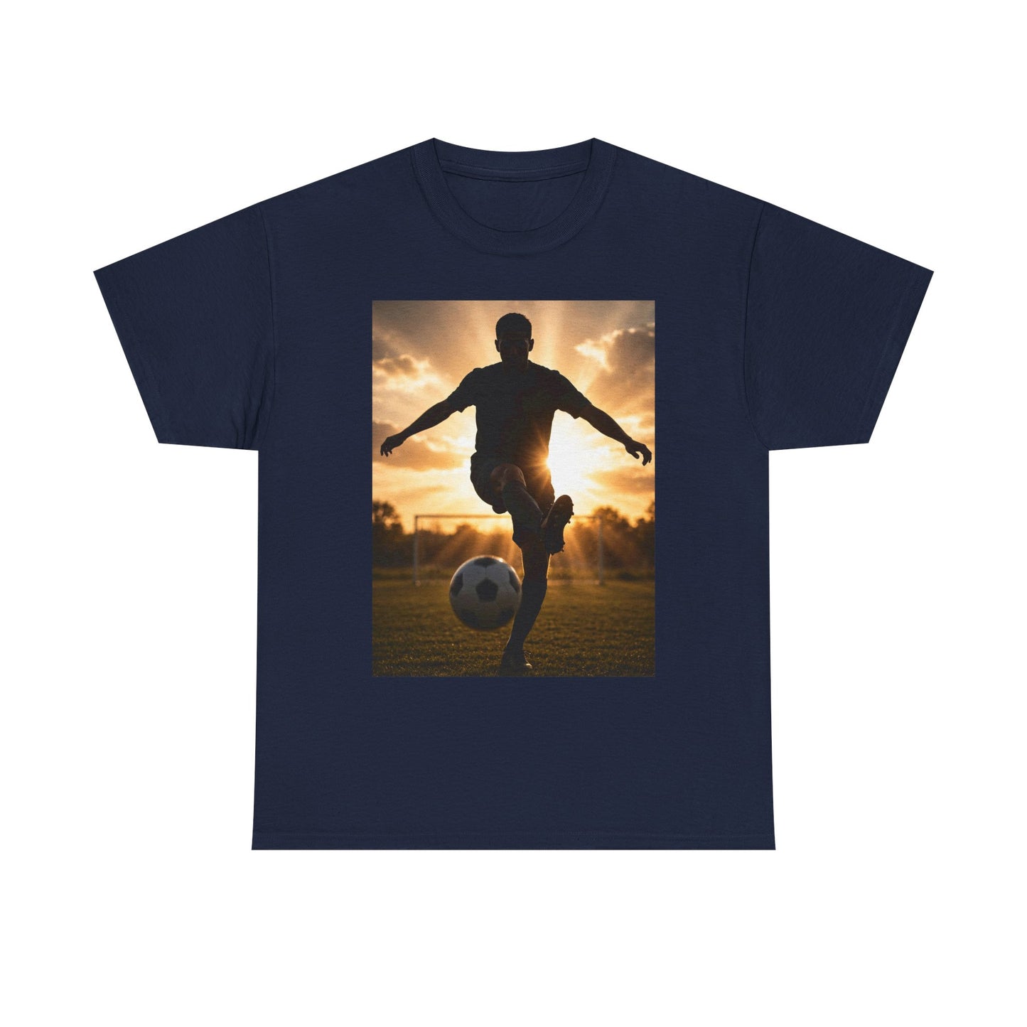 Soccer Silhouette Tee — Sunset Football Player Graphic T-Shirt