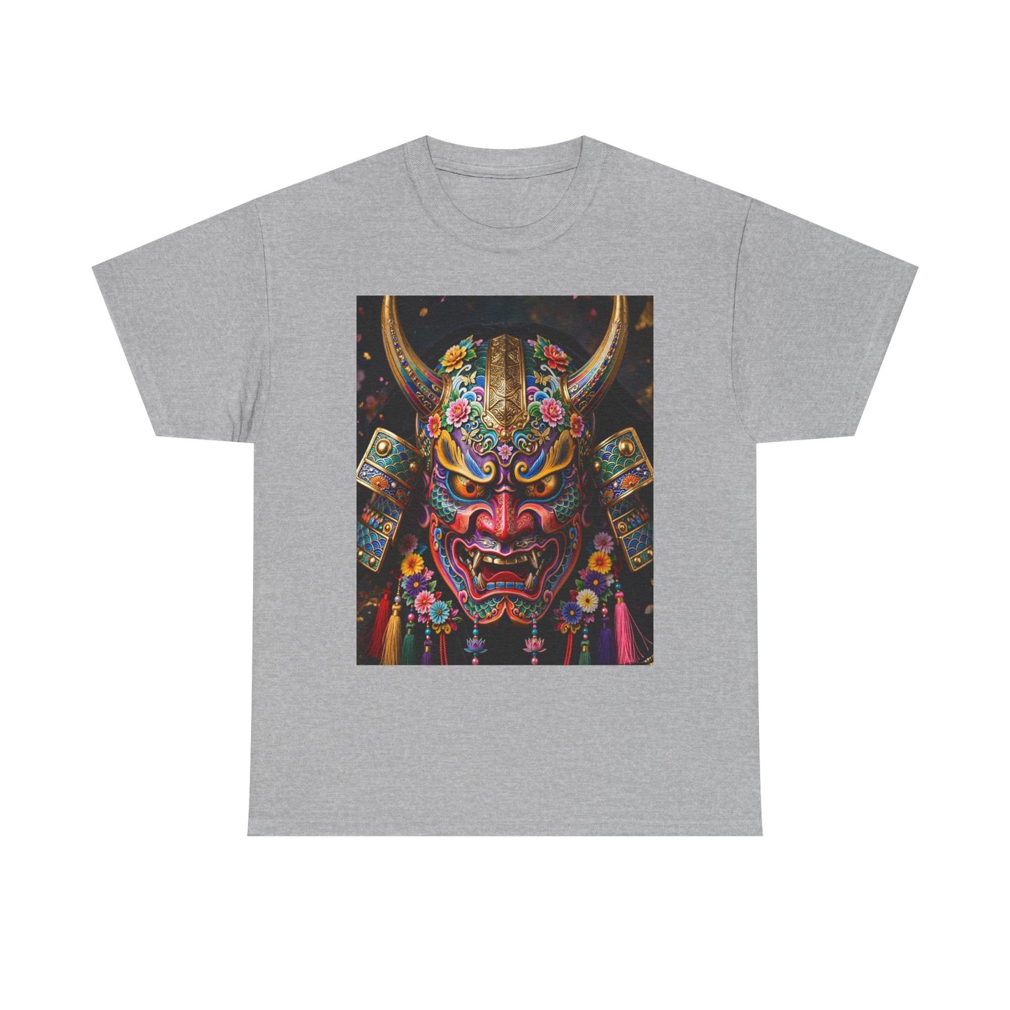 Samurai Mask Graphic Tee - Colorful Oni Kabuki Face Art T-Shirt