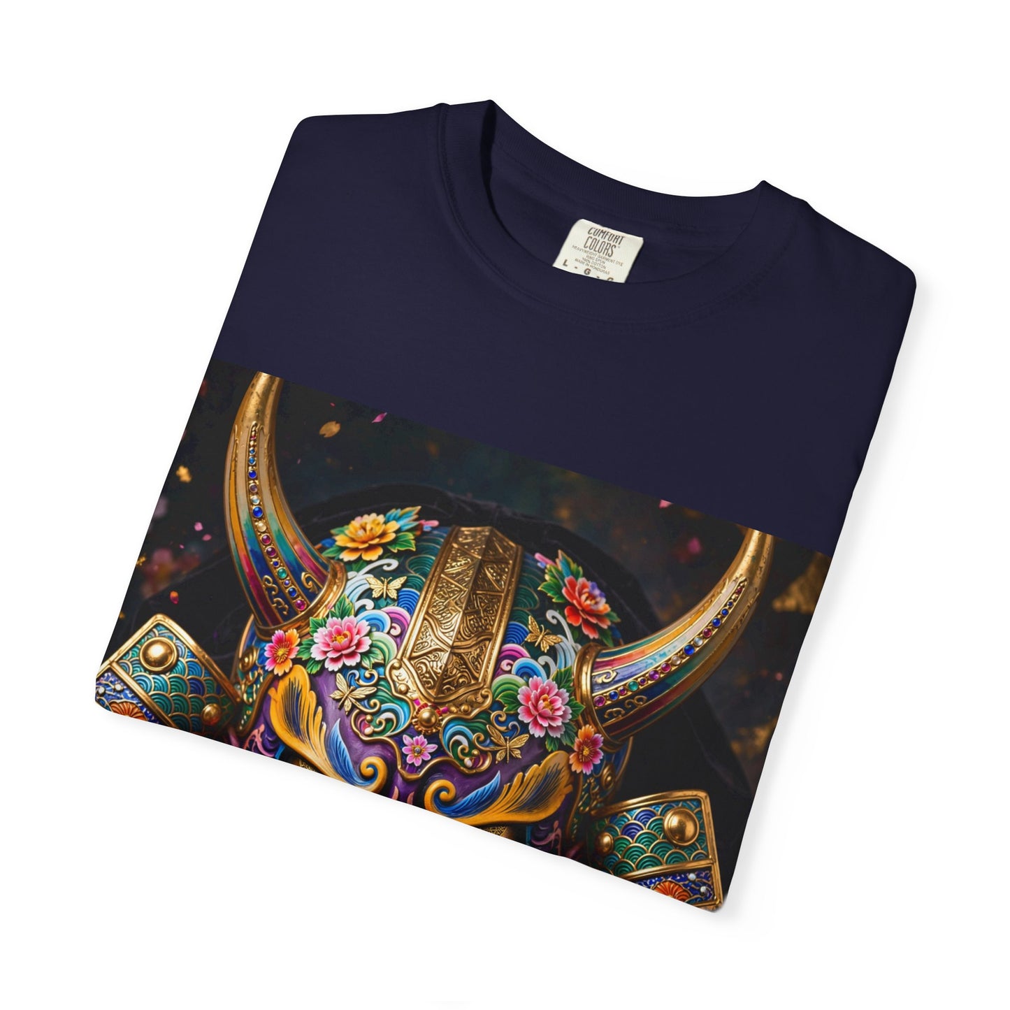 Samurai Oni Mask T‑Shirt — Vibrant Floral Demon Helmet Graphic