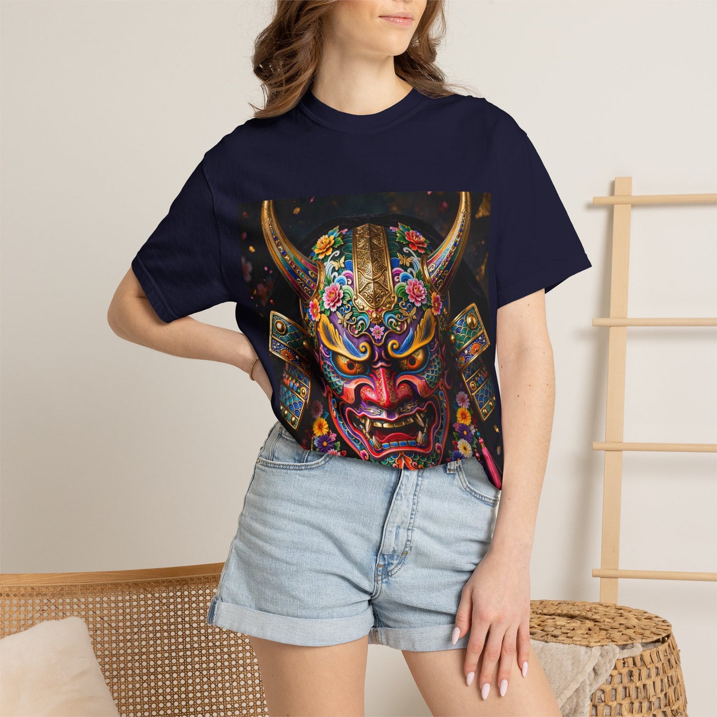 Samurai Oni Mask T‑Shirt — Vibrant Floral Demon Helmet Graphic
