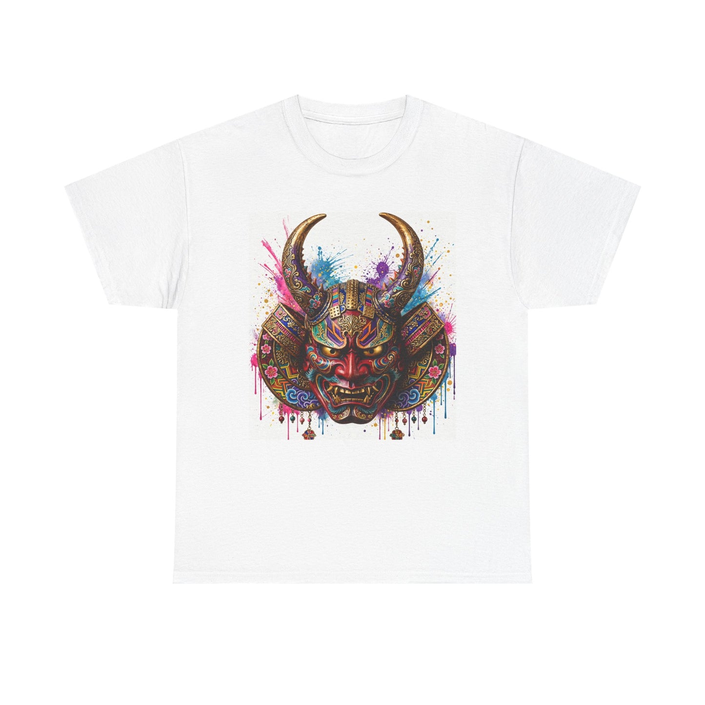 Samurai Mask Graphic Tee — Colorful Oni Helmet T-shirt