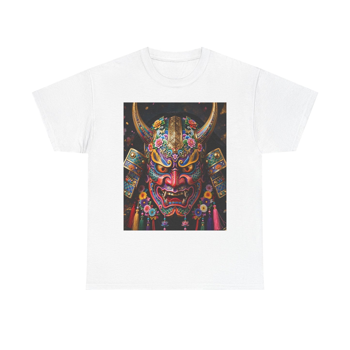 Samurai Mask Graphic Tee - Colorful Oni Kabuki Face Art T-Shirt
