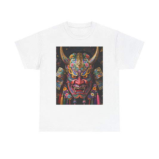 Samurai Mask Graphic Tee - Colorful Oni Kabuki Face Art T-Shirt