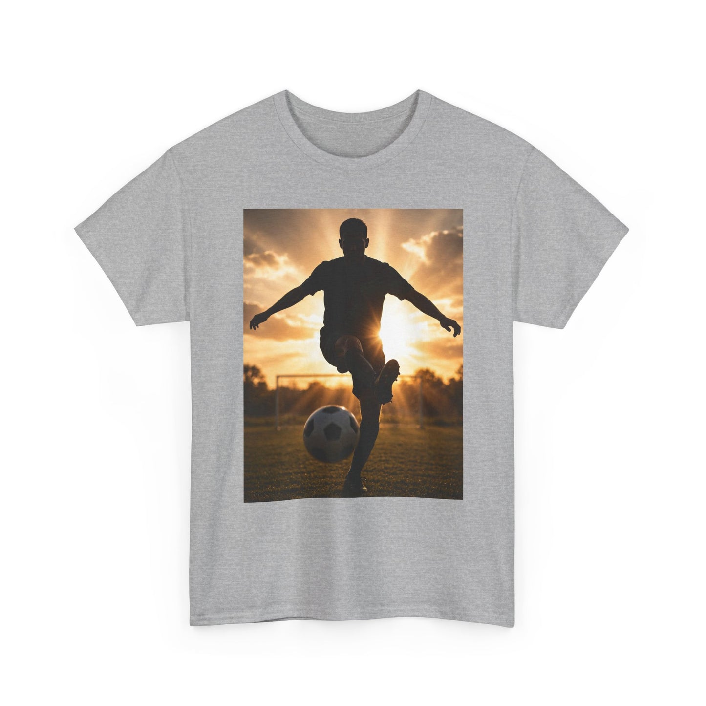 Soccer Silhouette Tee — Sunset Football Player Graphic T-Shirt