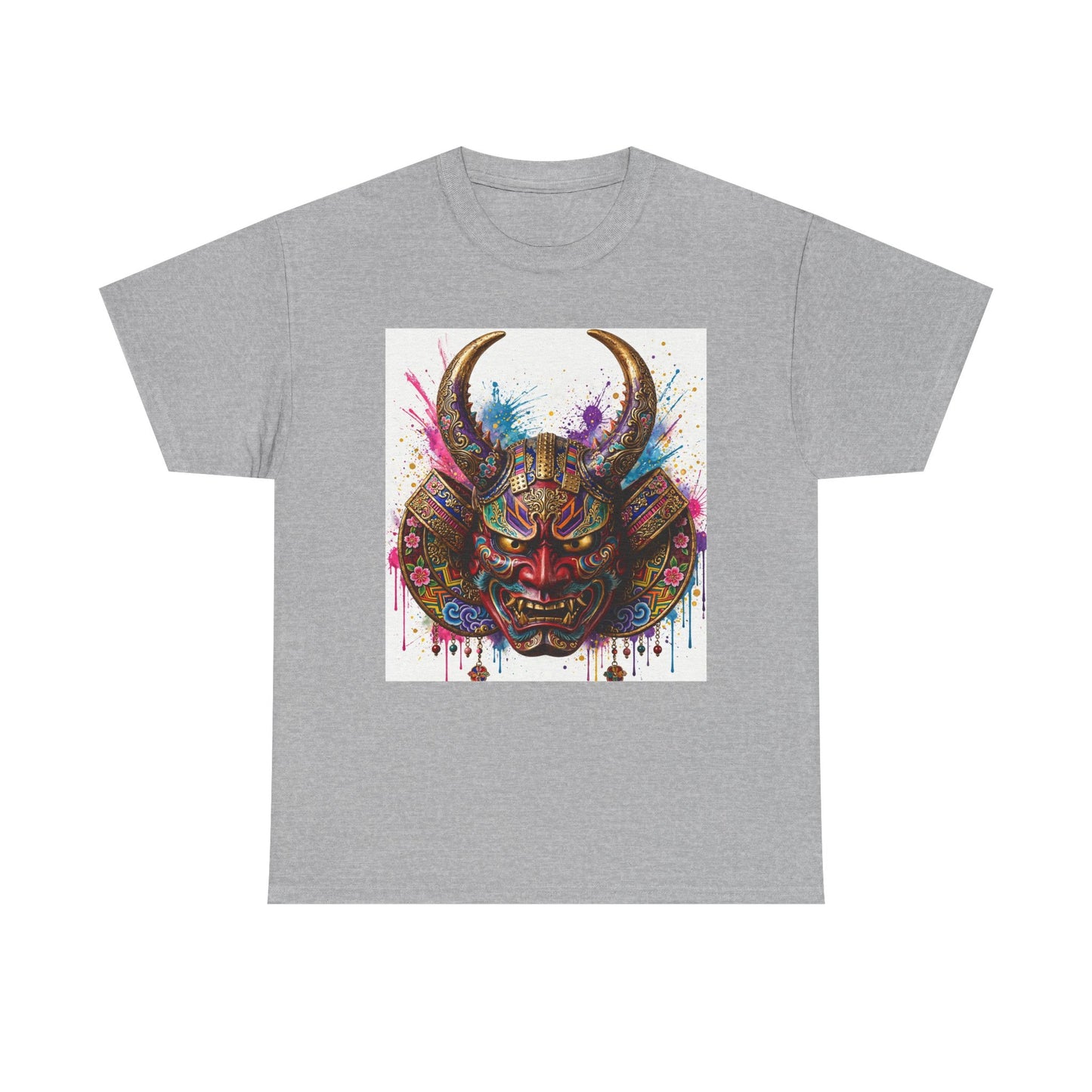 Samurai Mask Graphic Tee — Colorful Oni Helmet T-shirt