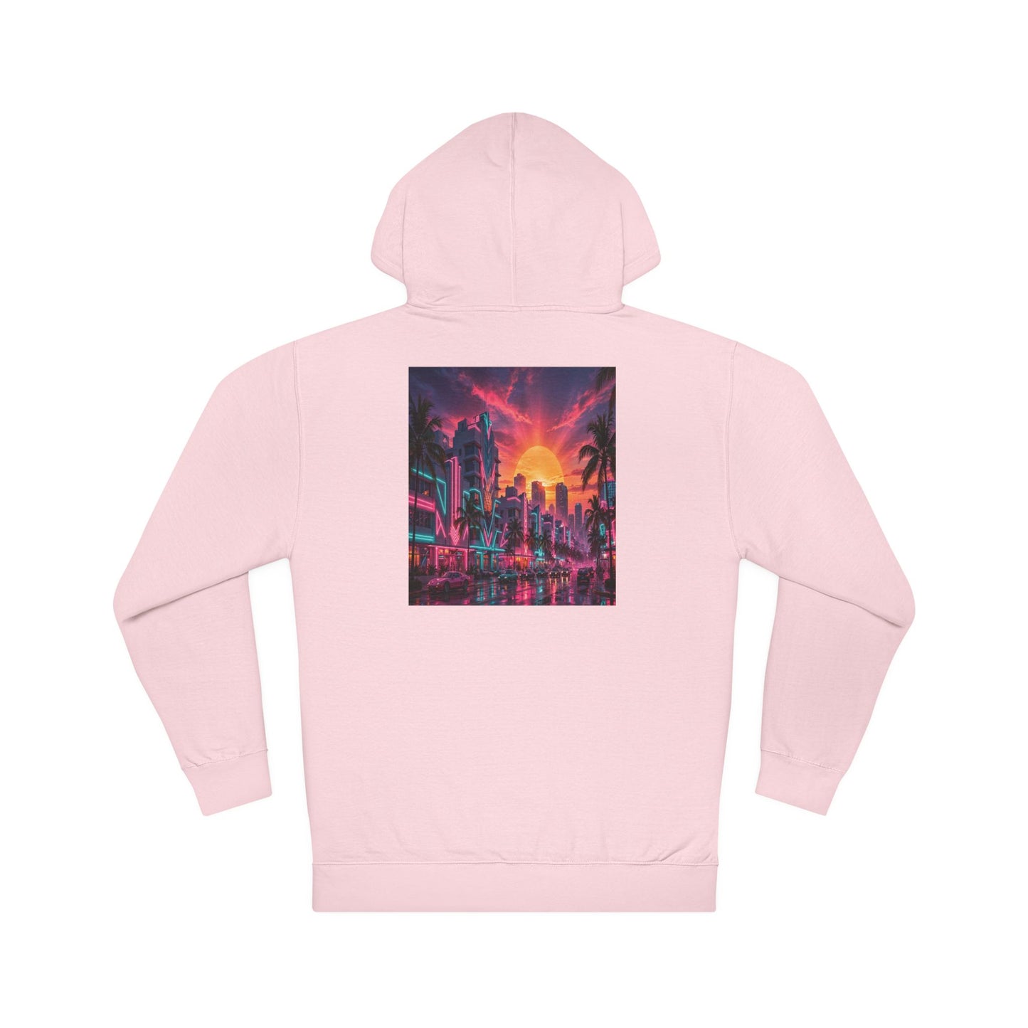 Retro Neon Sunset Hoodie — Vaporwave Cityscape Back Print