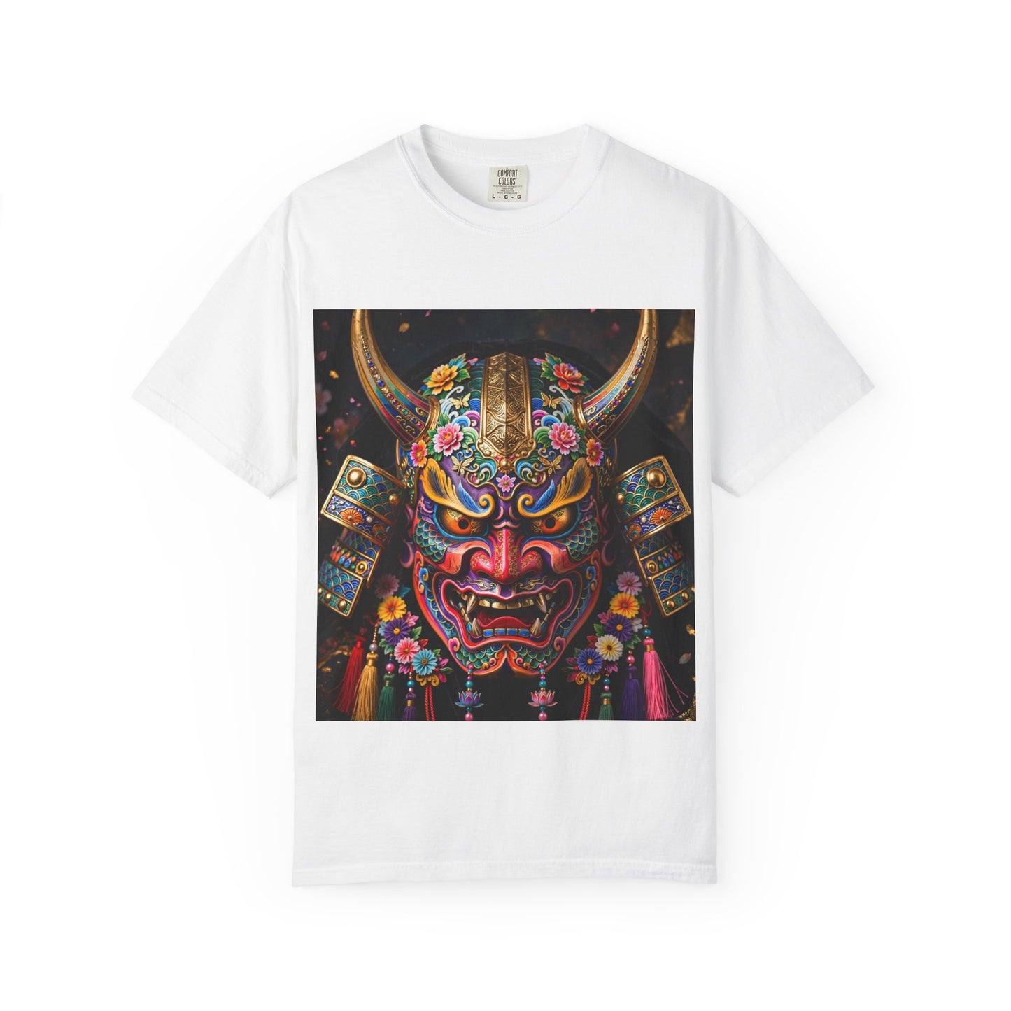 Samurai Oni Mask T‑Shirt — Vibrant Floral Demon Helmet Graphic