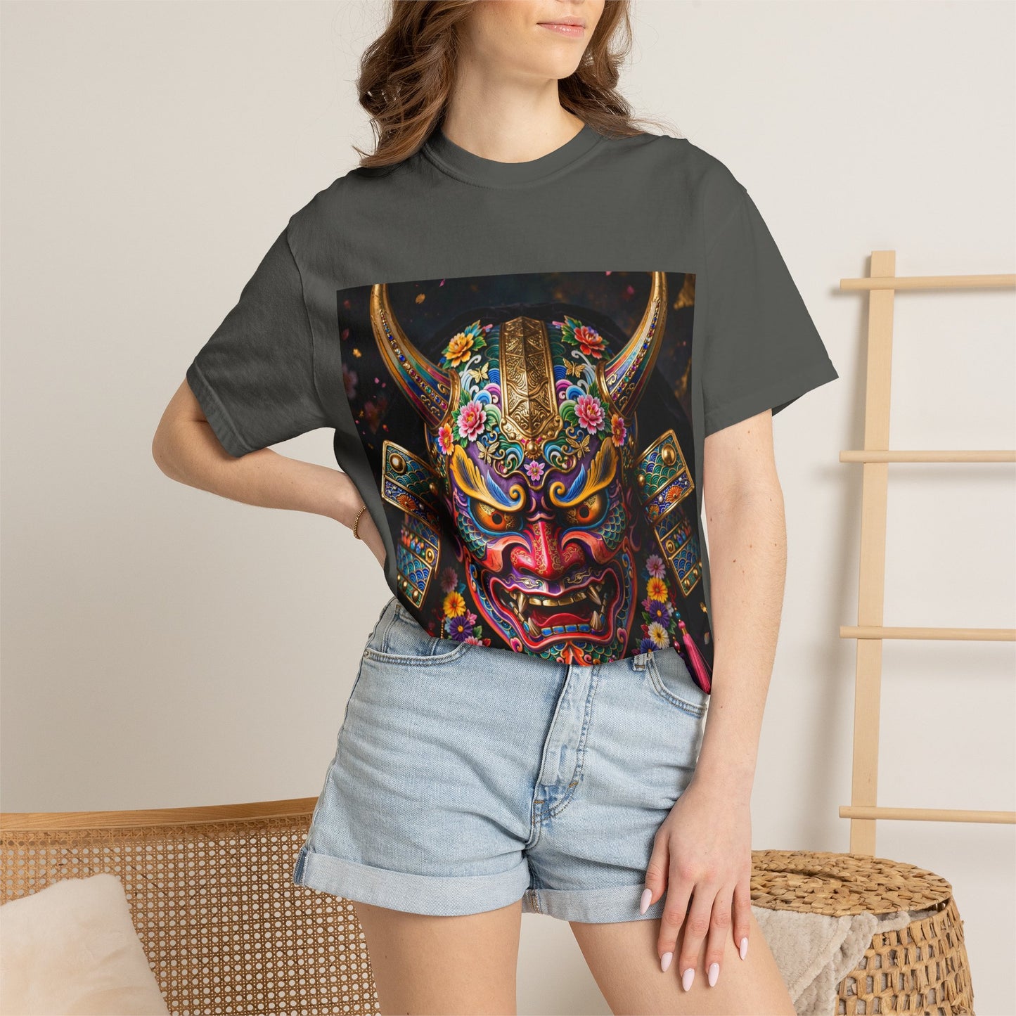 Samurai Oni Mask T‑Shirt — Vibrant Floral Demon Helmet Graphic