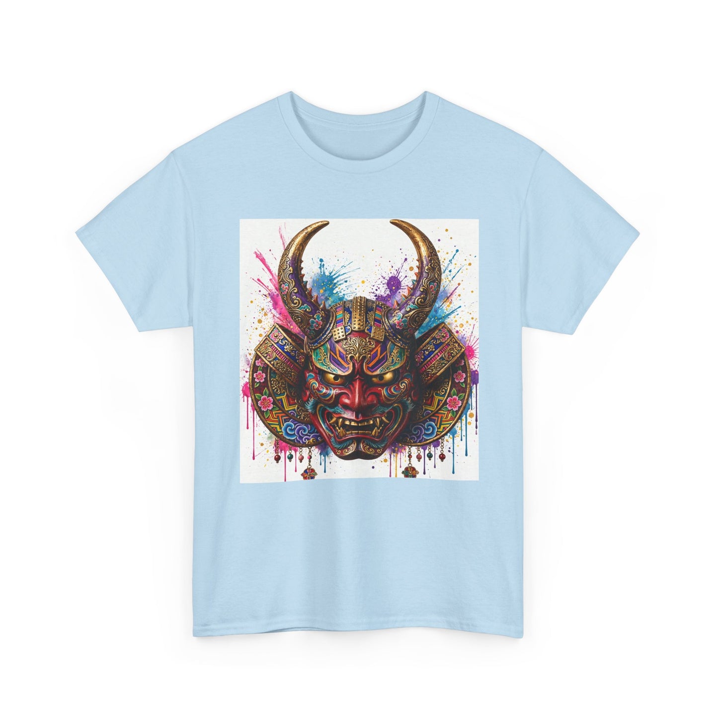 Samurai Mask Graphic Tee — Colorful Oni Helmet T-shirt
