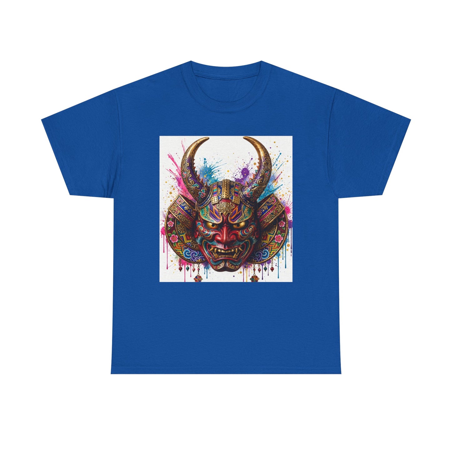 Samurai Mask Graphic Tee — Colorful Oni Helmet T-shirt