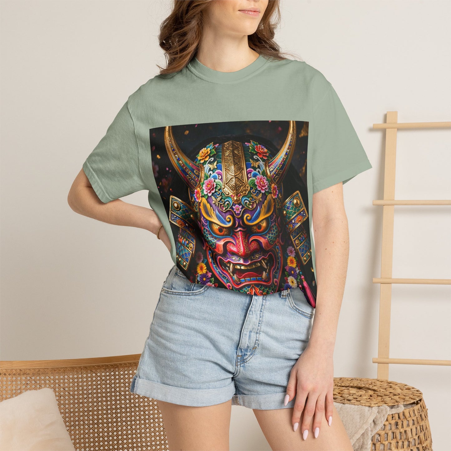 Samurai Oni Mask T‑Shirt — Vibrant Floral Demon Helmet Graphic