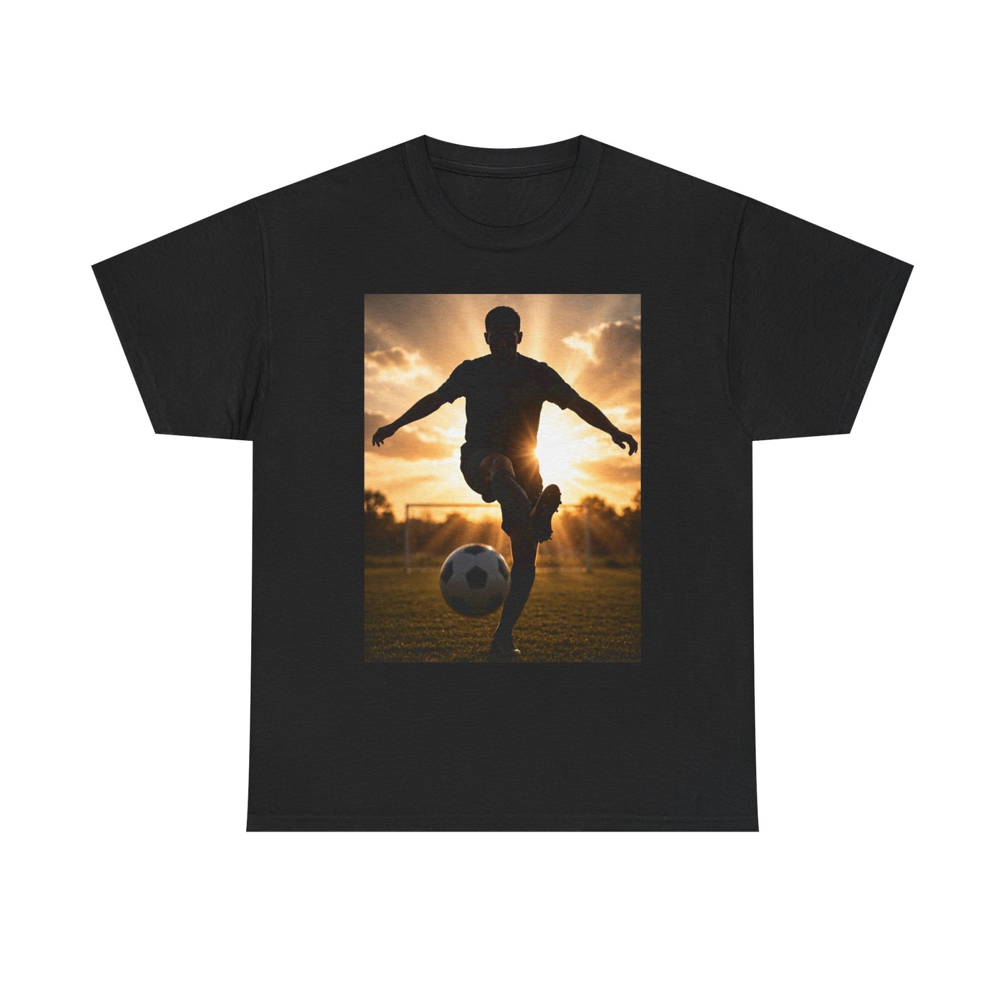 Soccer Silhouette Tee — Sunset Football Player Graphic T-Shirt