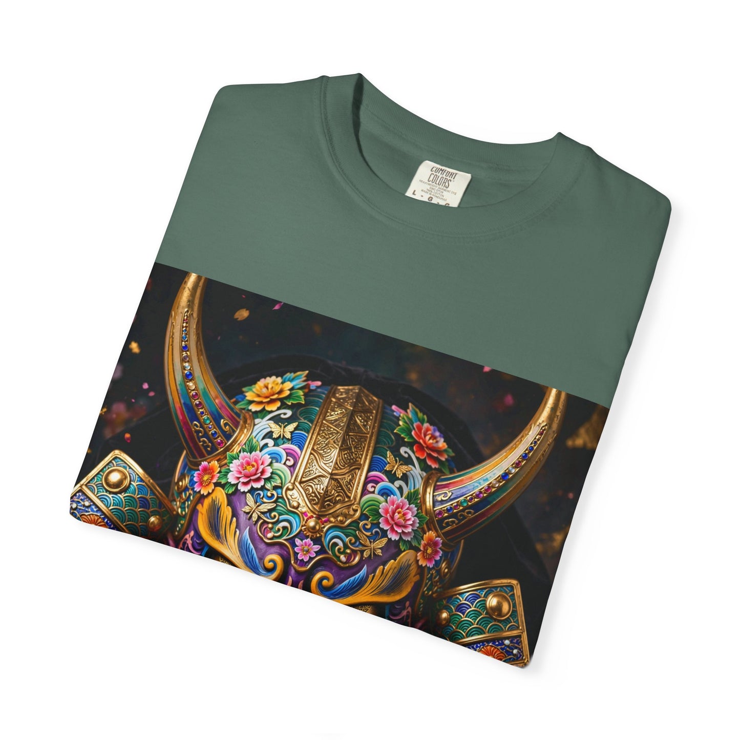 Samurai Oni Mask T‑Shirt — Vibrant Floral Demon Helmet Graphic