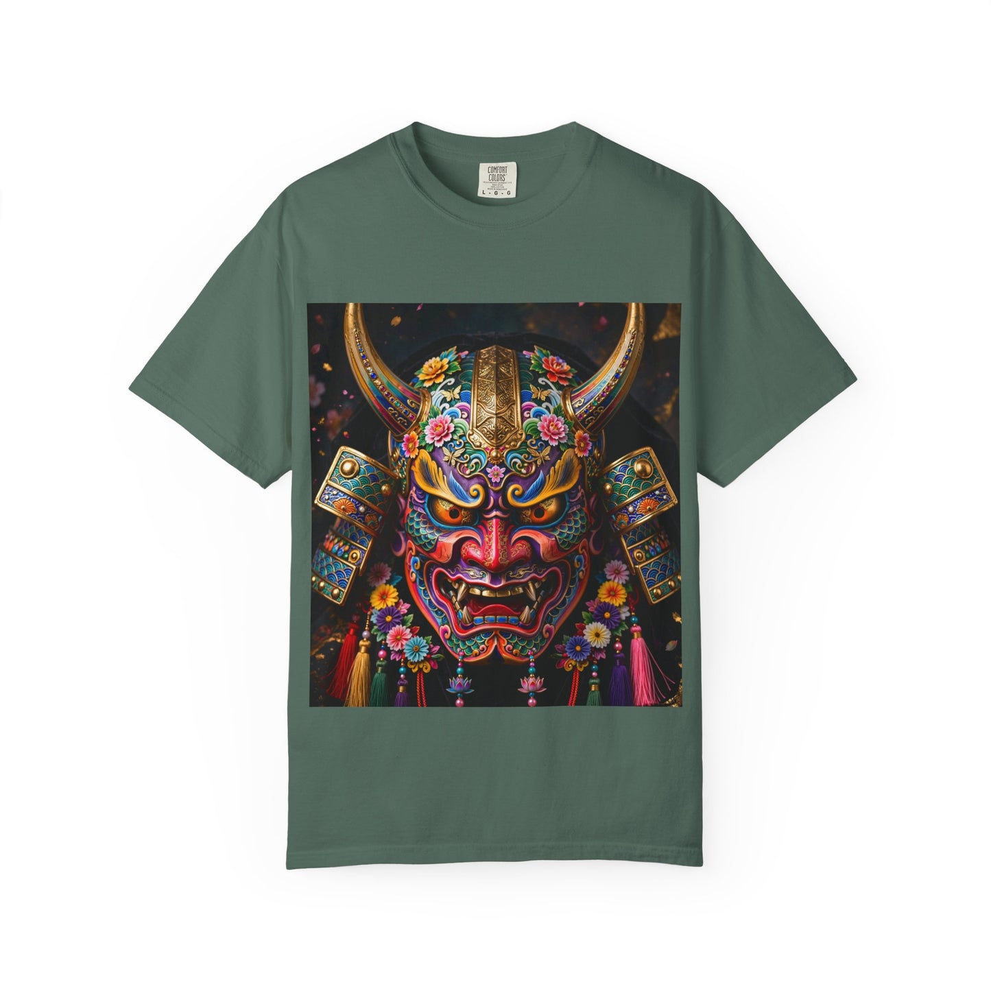 Samurai Oni Mask T‑Shirt — Vibrant Floral Demon Helmet Graphic
