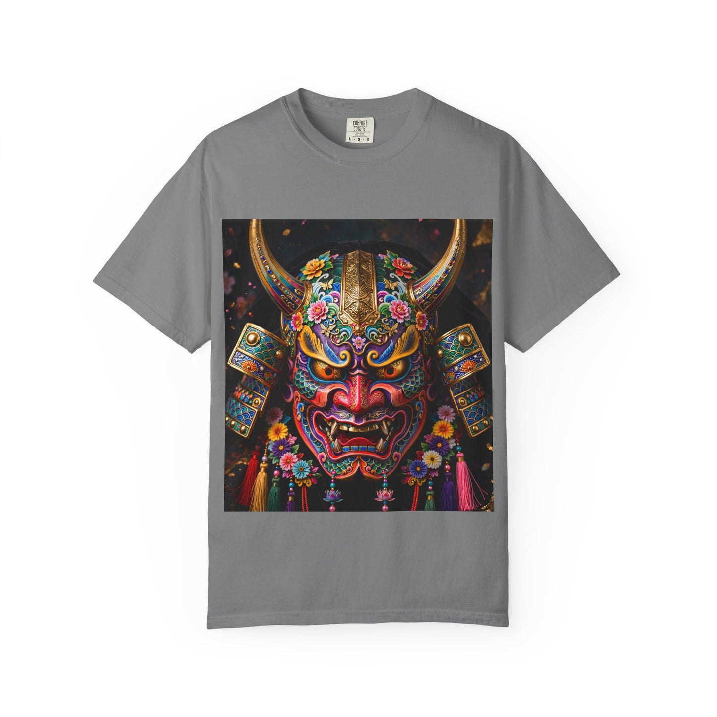 Samurai Oni Mask T‑Shirt — Vibrant Floral Demon Helmet Graphic