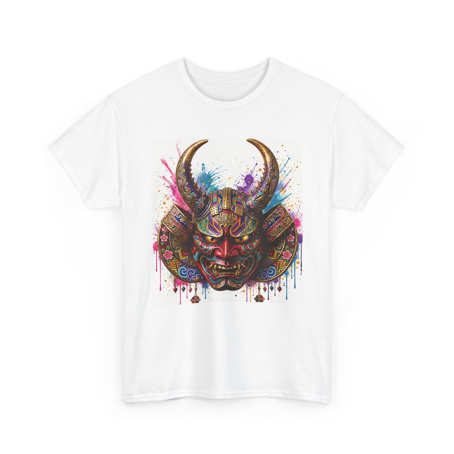 Samurai Mask Graphic Tee — Colorful Oni Helmet T-shirt
