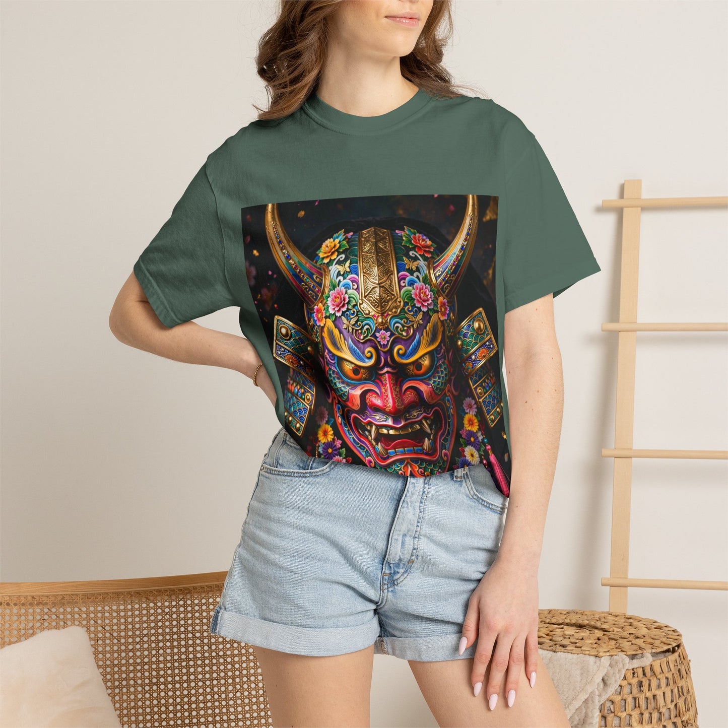 Samurai Oni Mask T‑Shirt — Vibrant Floral Demon Helmet Graphic