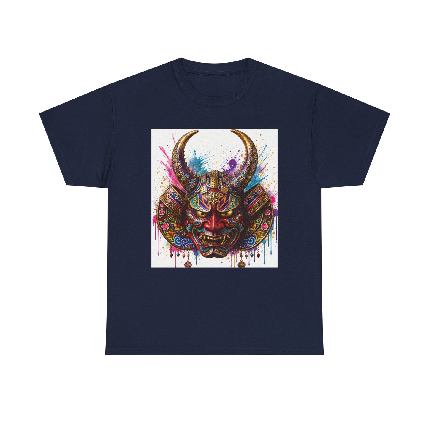 Samurai Mask Graphic Tee — Colorful Oni Helmet T-shirt