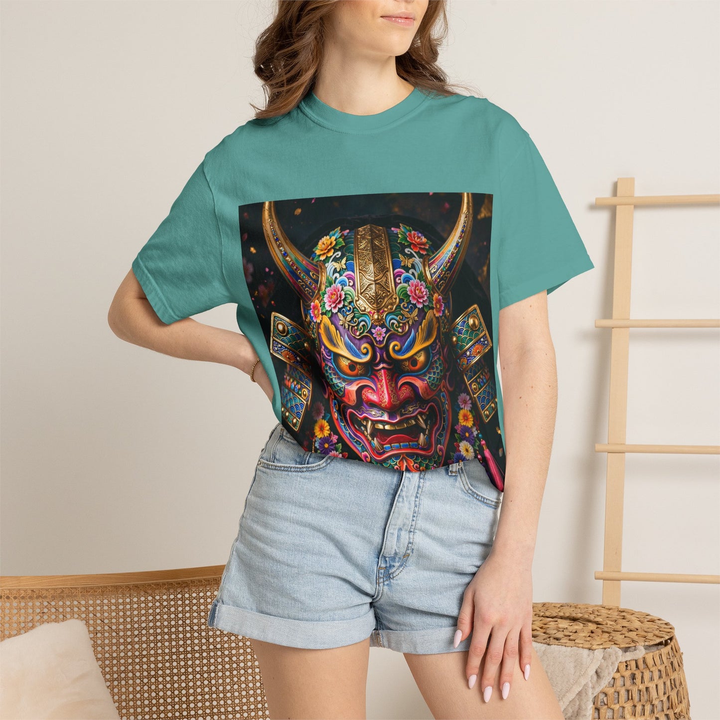 Samurai Oni Mask T‑Shirt — Vibrant Floral Demon Helmet Graphic