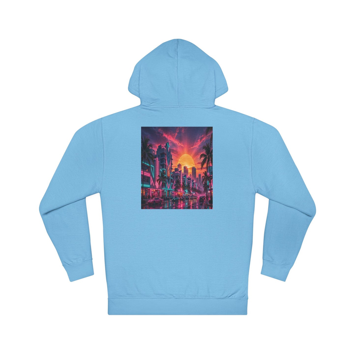 Retro Neon Sunset Hoodie — Vaporwave Cityscape Back Print