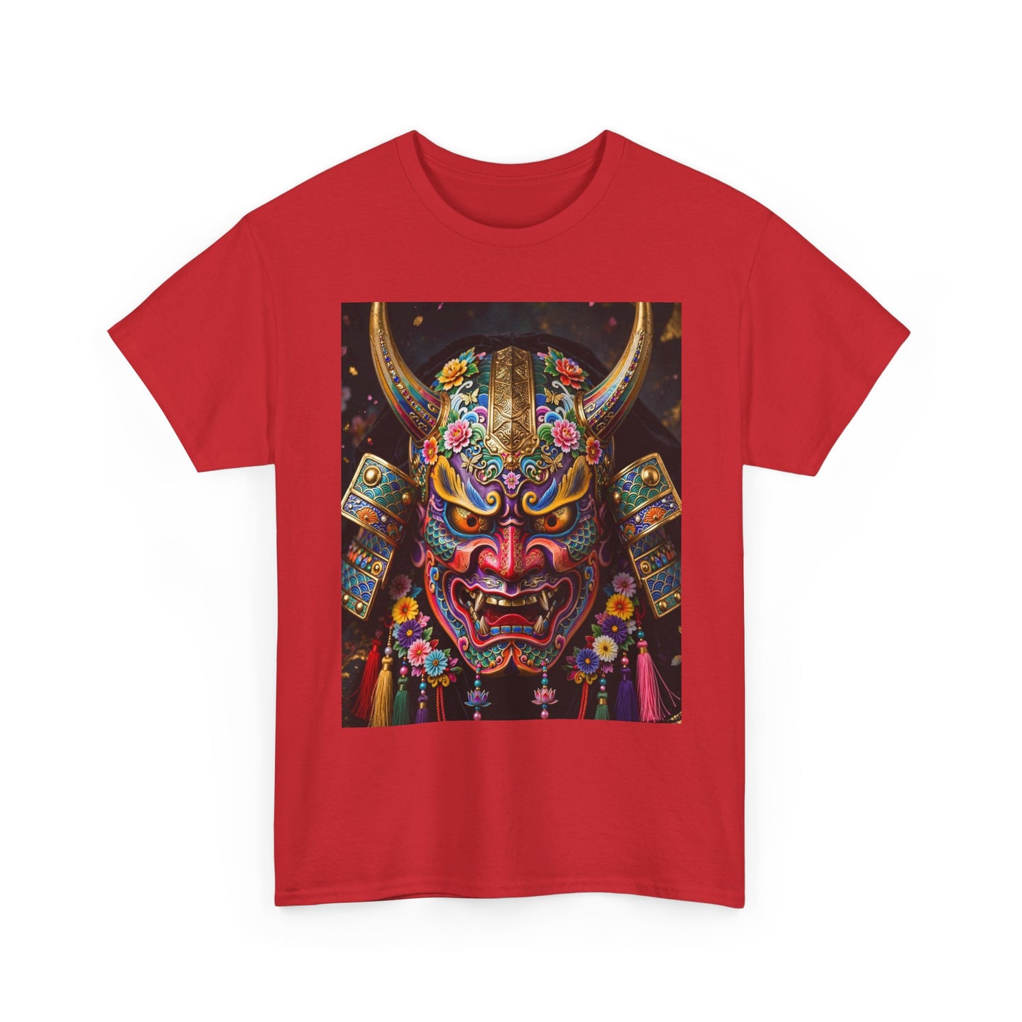 Samurai Mask Graphic Tee - Colorful Oni Kabuki Face Art T-Shirt
