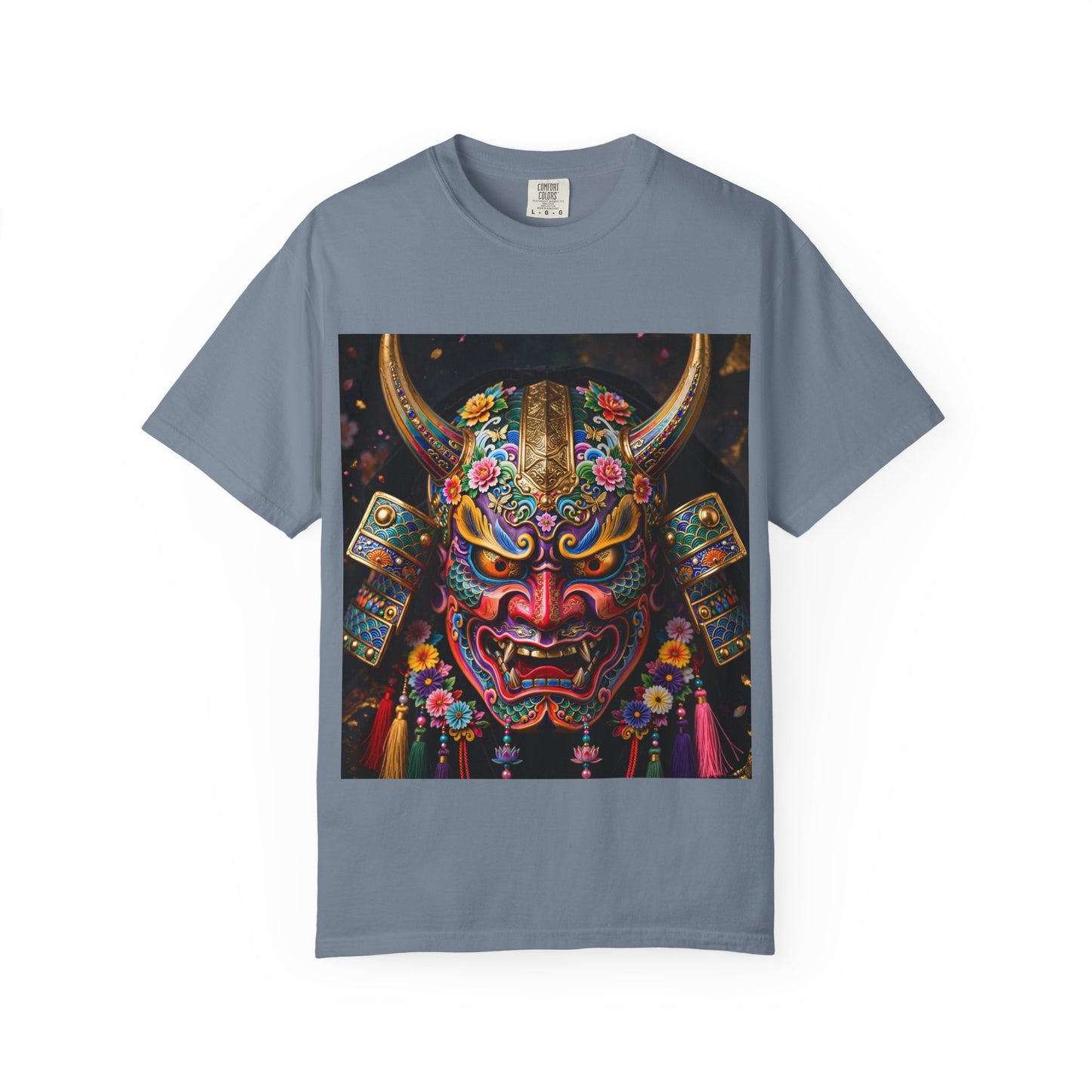 Samurai Oni Mask T‑Shirt — Vibrant Floral Demon Helmet Graphic