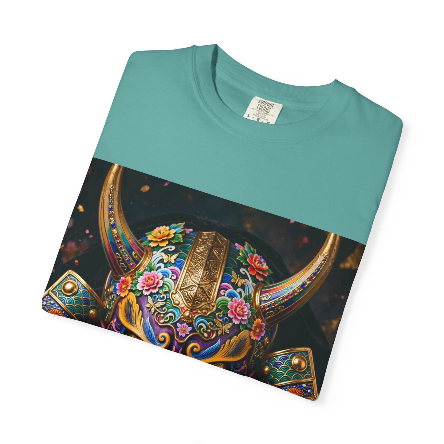Samurai Oni Mask T‑Shirt — Vibrant Floral Demon Helmet Graphic
